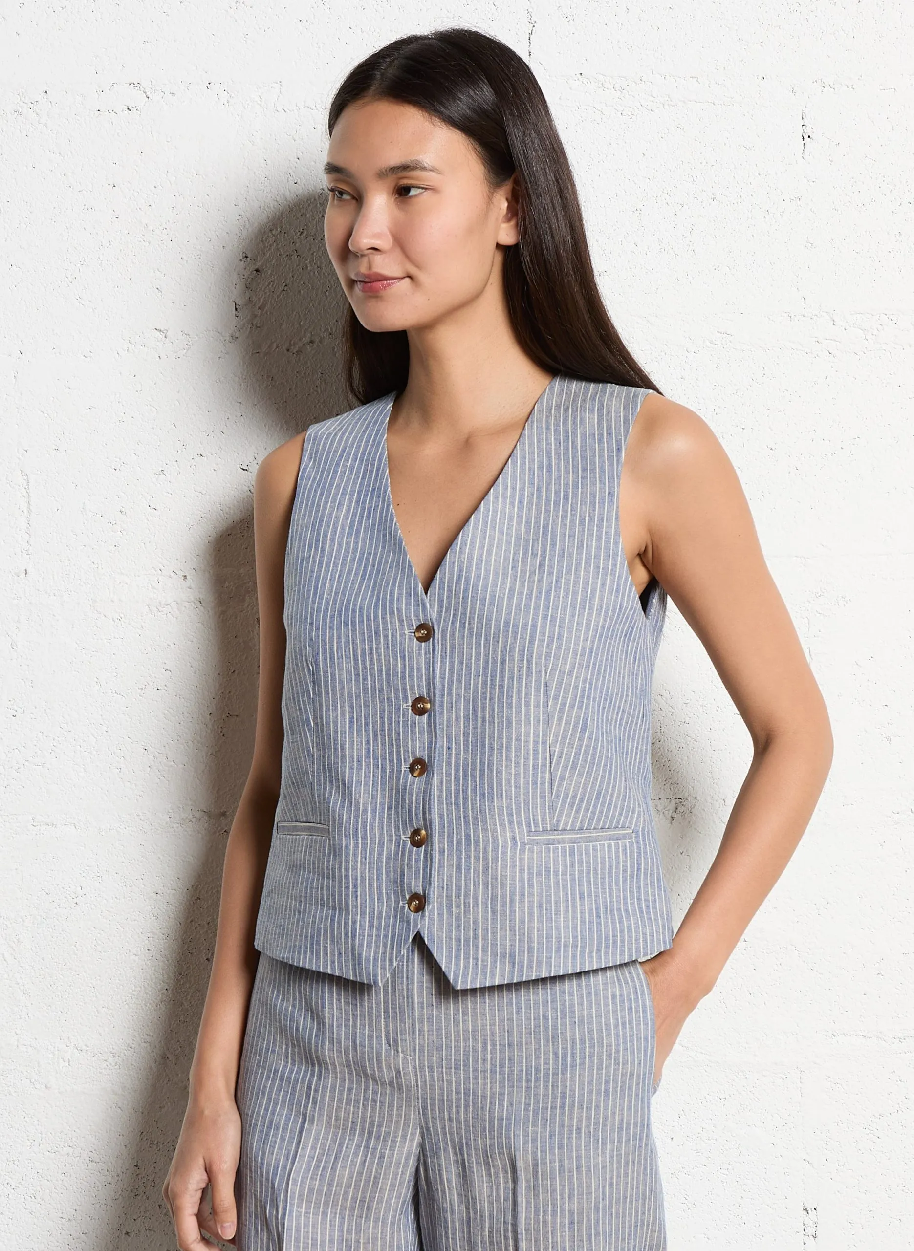 Ärmellose gestreifte Leinenweste Blau CENIA