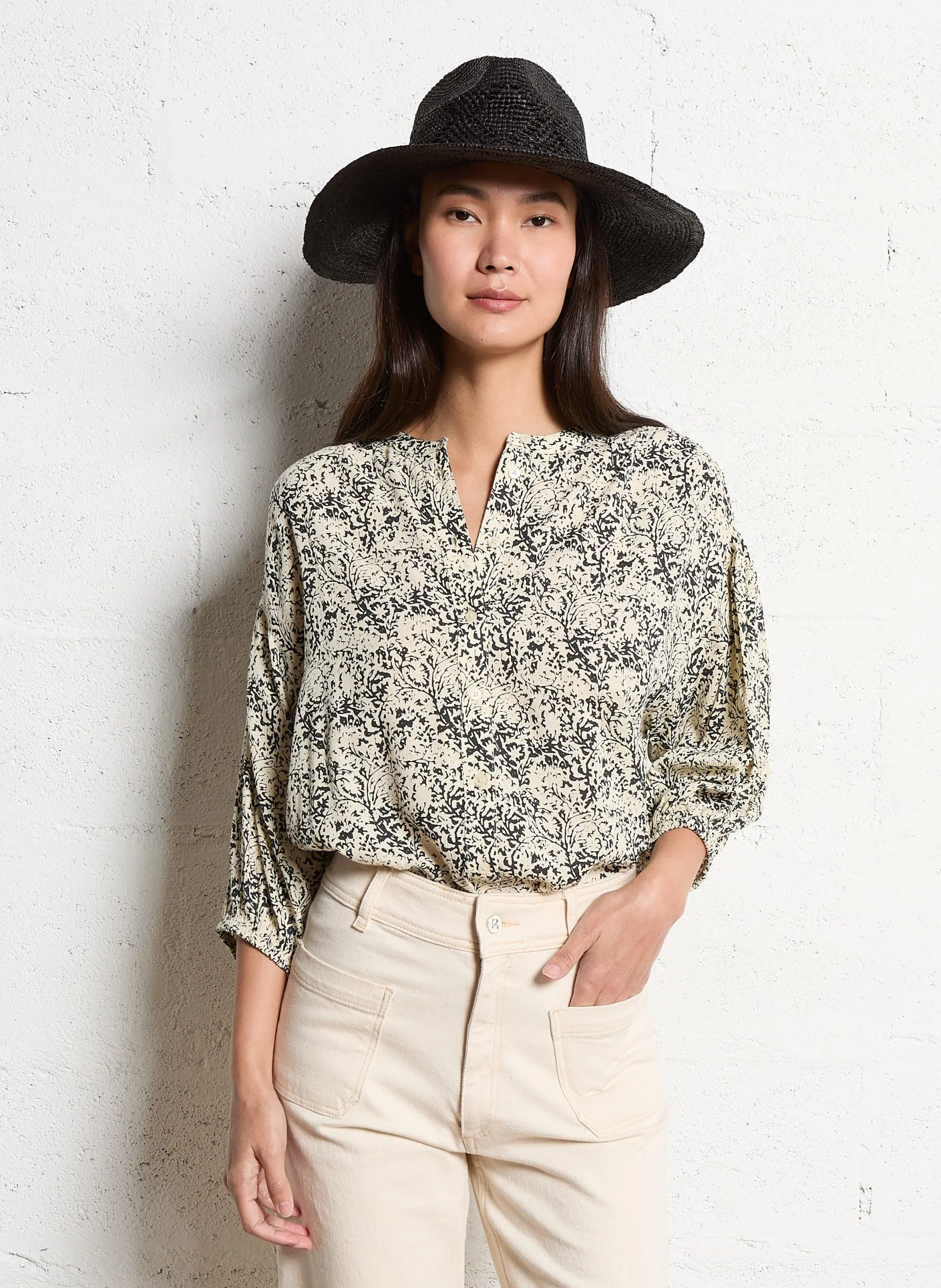 Ärmelloses Bluse aus bedruckter Viskose Blau PROMISE