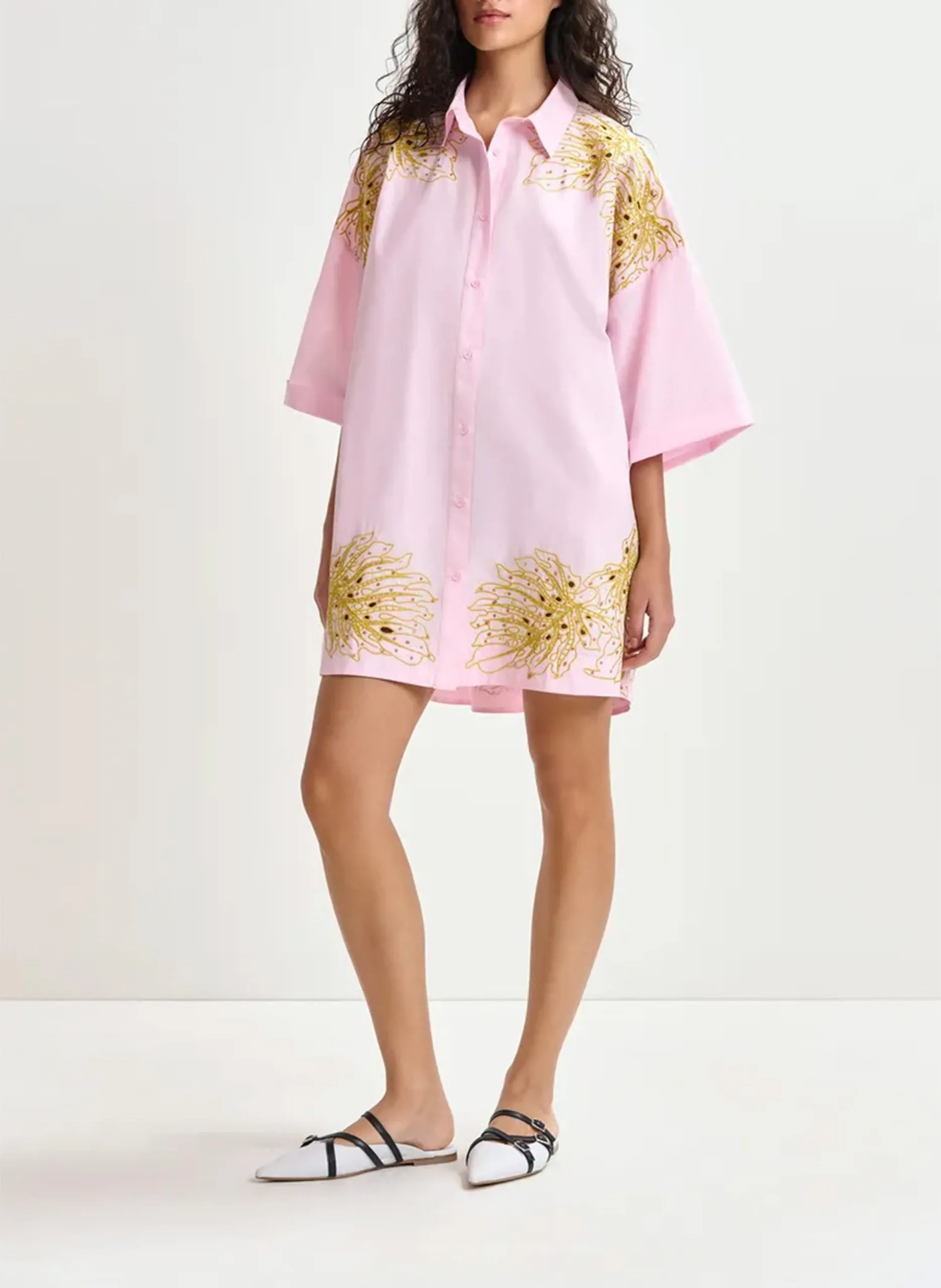 Ausgestelltes Baumwoll-Kurzkleid mit klassischem Kragen Rosa HONTANA