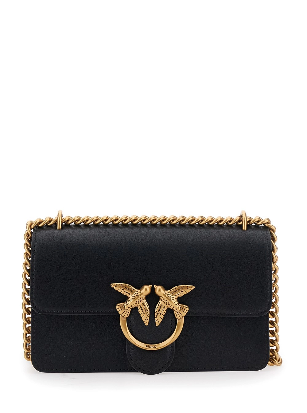 Schwarze Mini-Tasche "Love One" mit Schulterriemen mit Kettenglied und Liebesvögel-Plakette im Diamantschliff aus Leder Damen