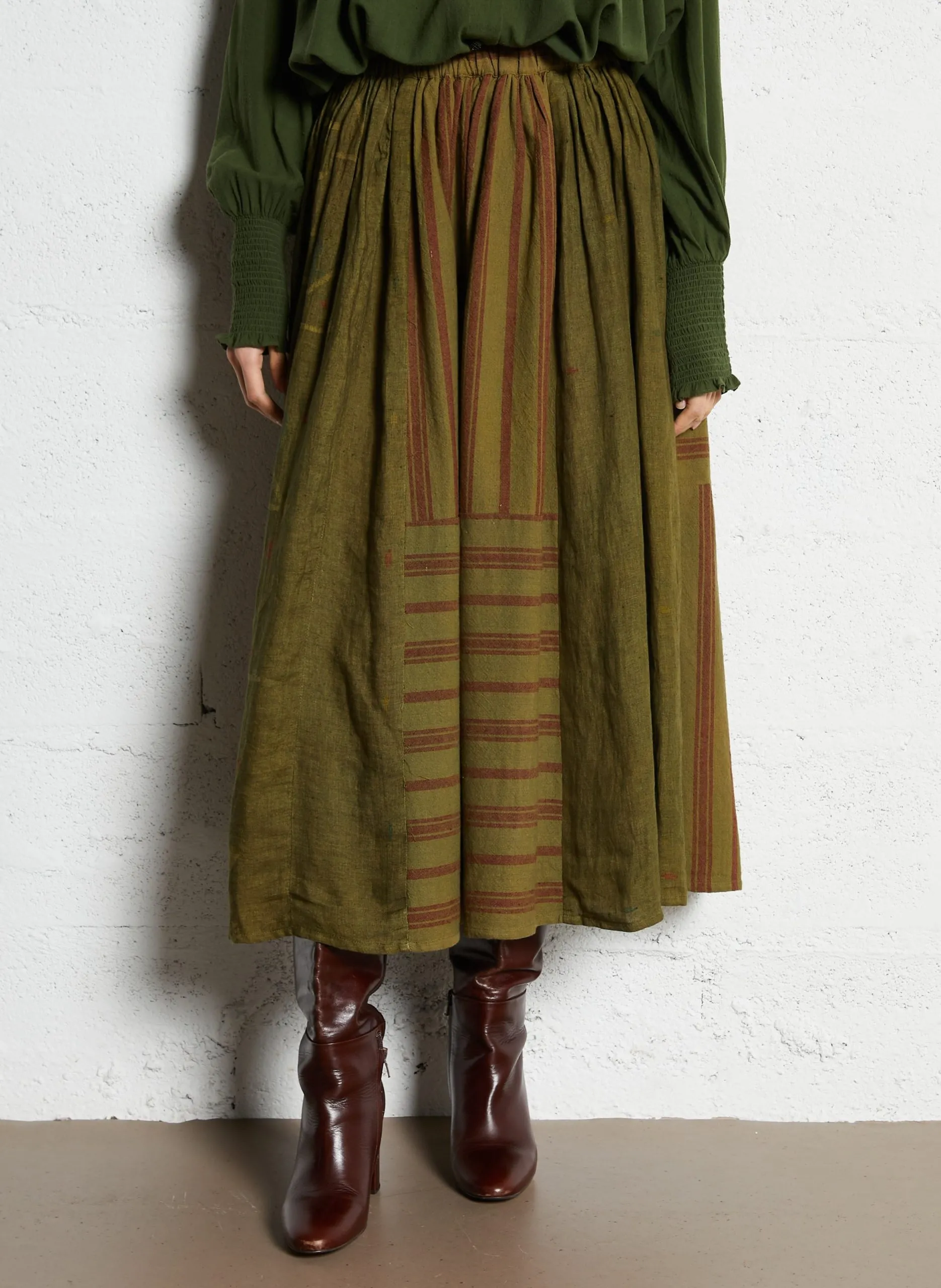 Ausgestellter Midi-Rock mit gestreiften Details Khaki ALMA