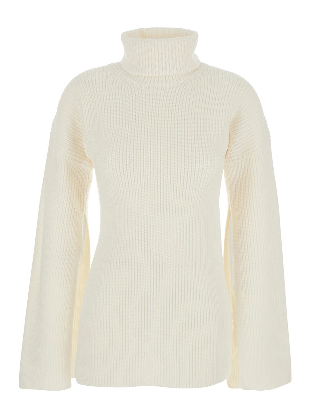 Weißer hochgeschlossener Pullover mit geripptem Design aus Wolle Damen