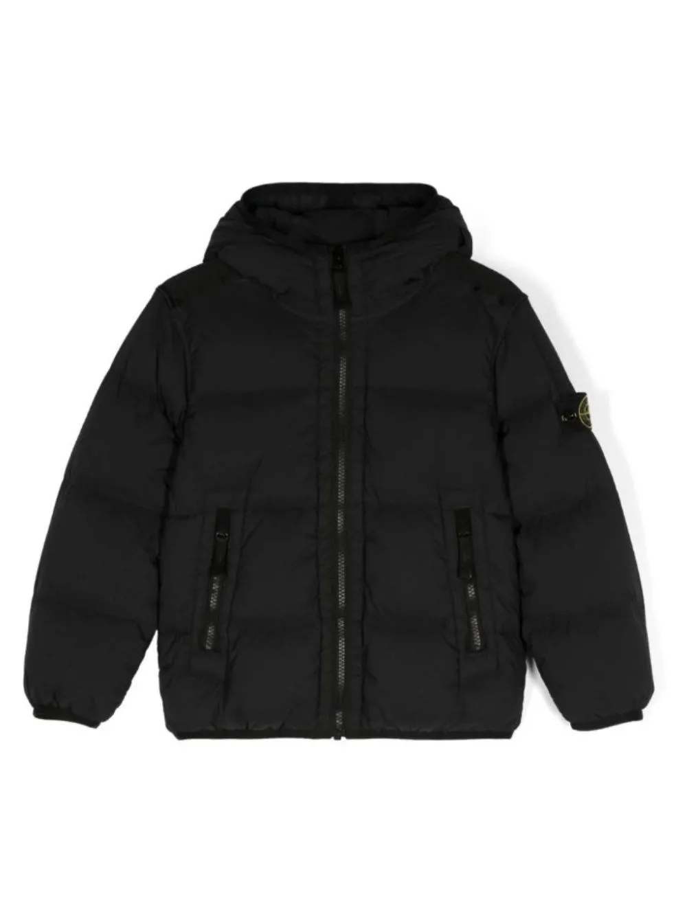 Schwarze Daunenjacke mit Kapuze und Logoaufnäher aus Polyamid Jungen