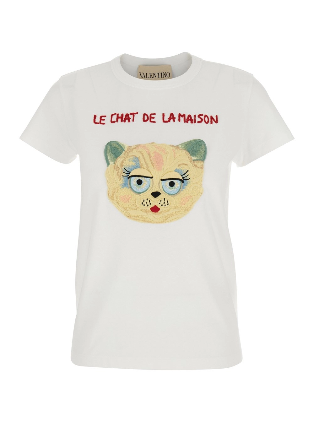 T-Shirt für Damen aus Baumwolljersey in Weiß mit Rundhalsausschnitt und Stickerei vorne