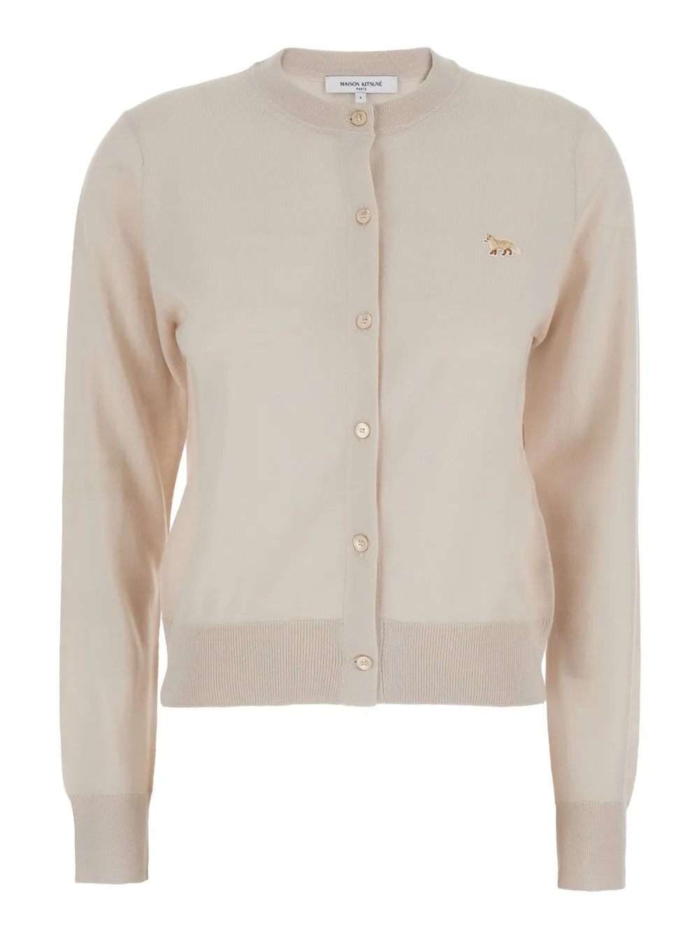 Beigefarbener Cropped-Cardigan mit Rundhalsausschnitt und Logostickerei auf der Vorderseite aus Wolle Damen