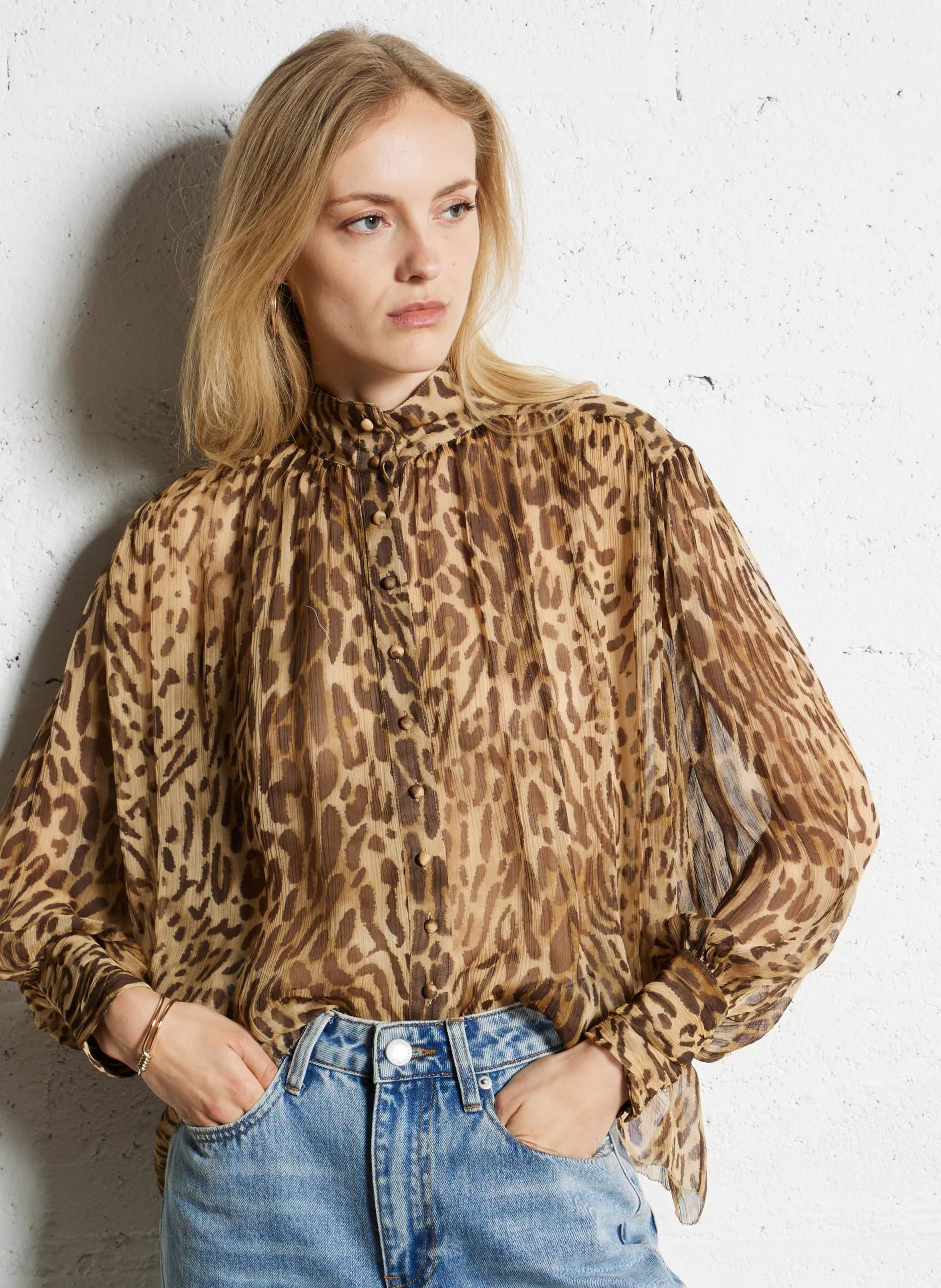 Weite transparente bedruckte Bluse Beige LUX