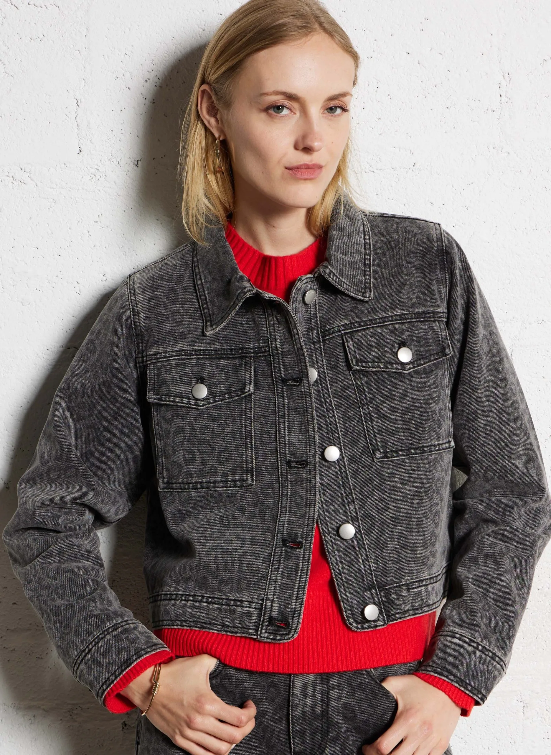 Jacke mit klassischem Kragen aus bedrucktem Baumwoll-Denim-Mix Schwarz DJACK