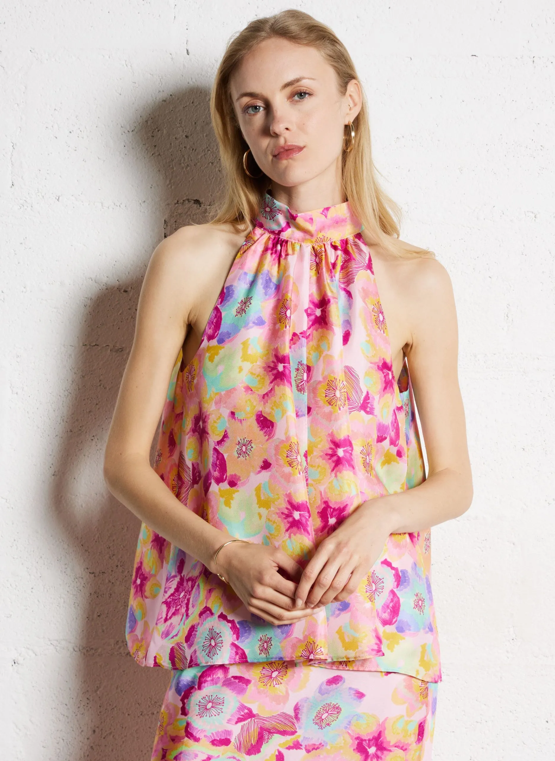 Top mit amerikanischem Ausschnitt aus Seide Rosa PAULINE