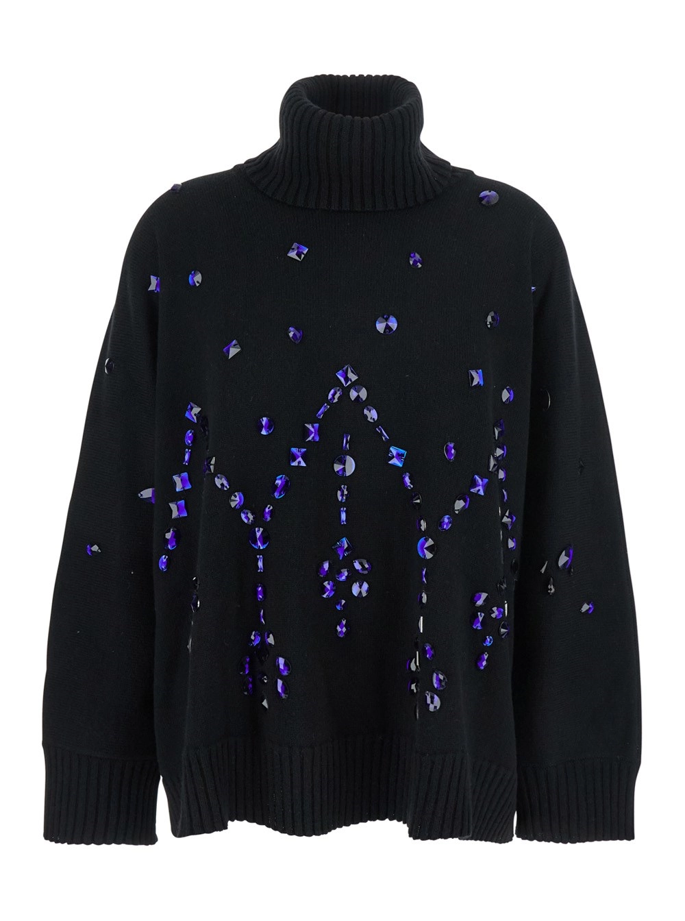 Schwarzer hochgeschlossener Pullover mit All-Over-Kristallverzierung aus Woll- und Seidenmischung Damen