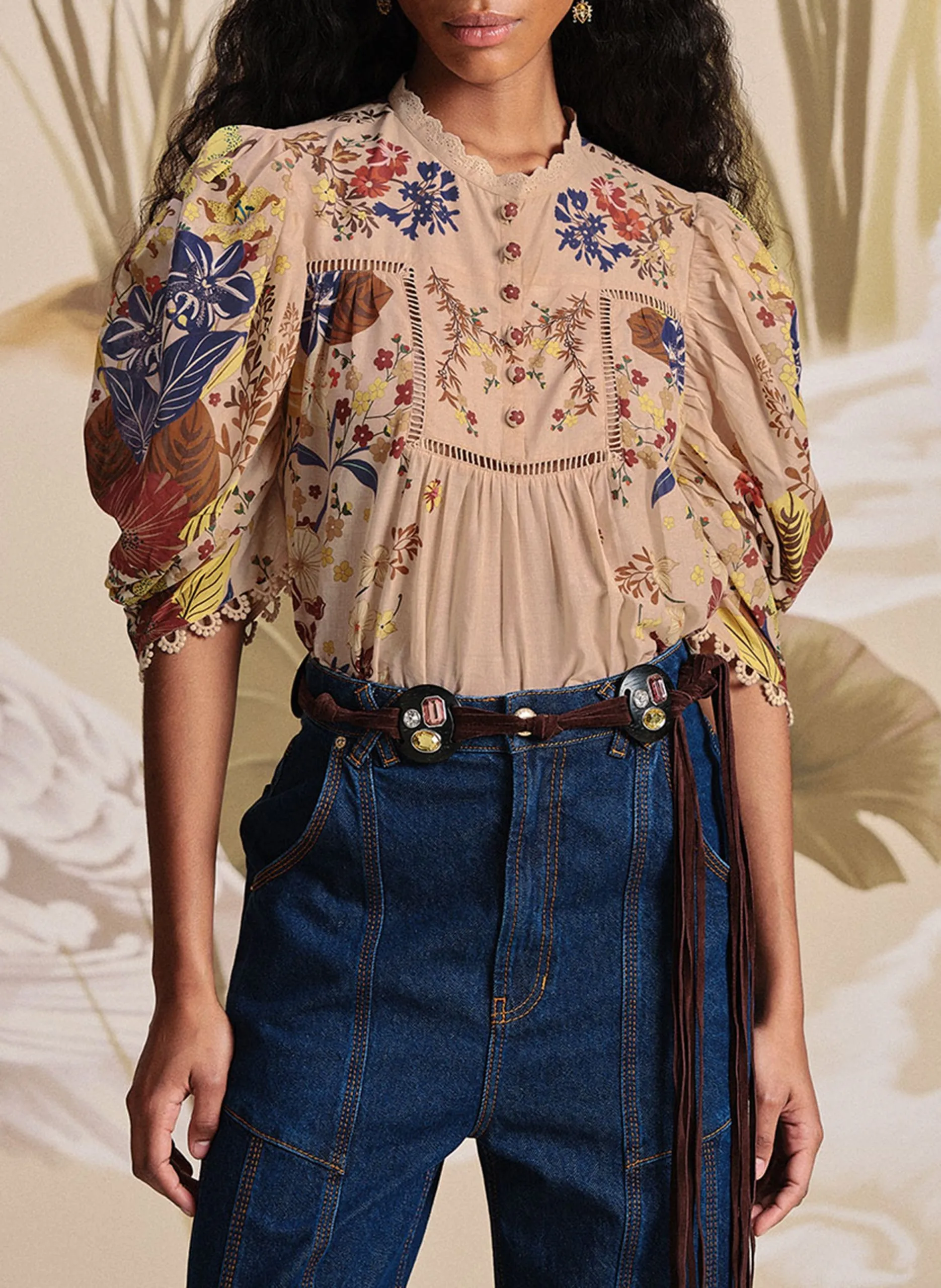 Geblümte Bluse mit Rundhalskragen Rosa