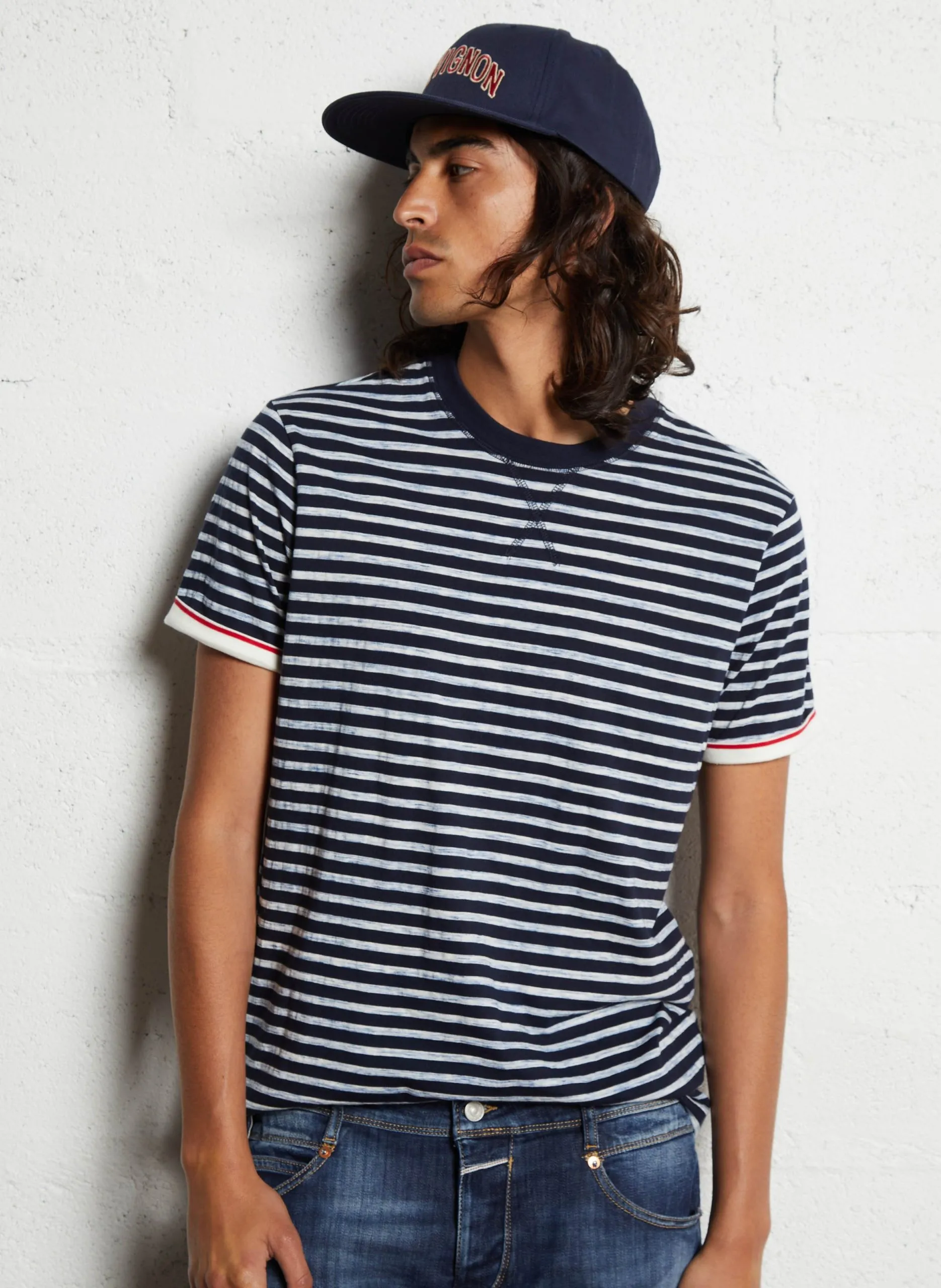 Gerader Rundhalsausschnitt gestreiftes Baumwoll-T-Shirt Blau SIFAR