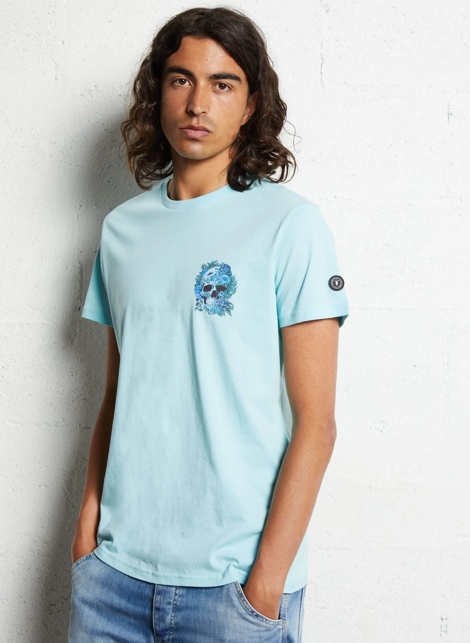 Gerade geschnittenes Baumwoll-T-Shirt mit Siebdruck Blau SANTIAGO