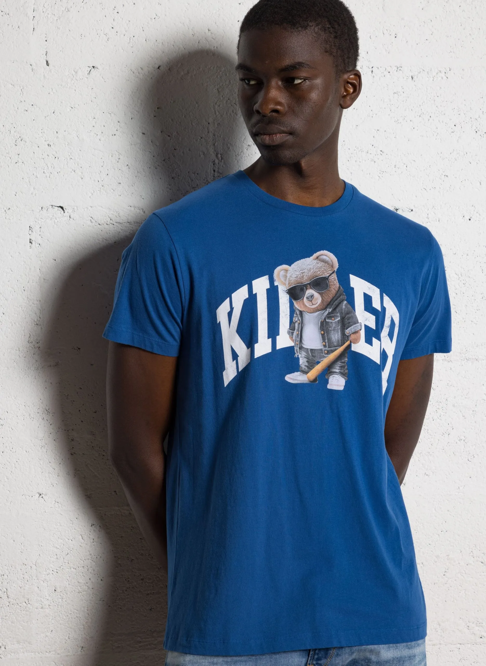 Gerade geschnittenes Rundhals-T-Shirt aus Baumwolle mit Siebdruck Blau DANIS