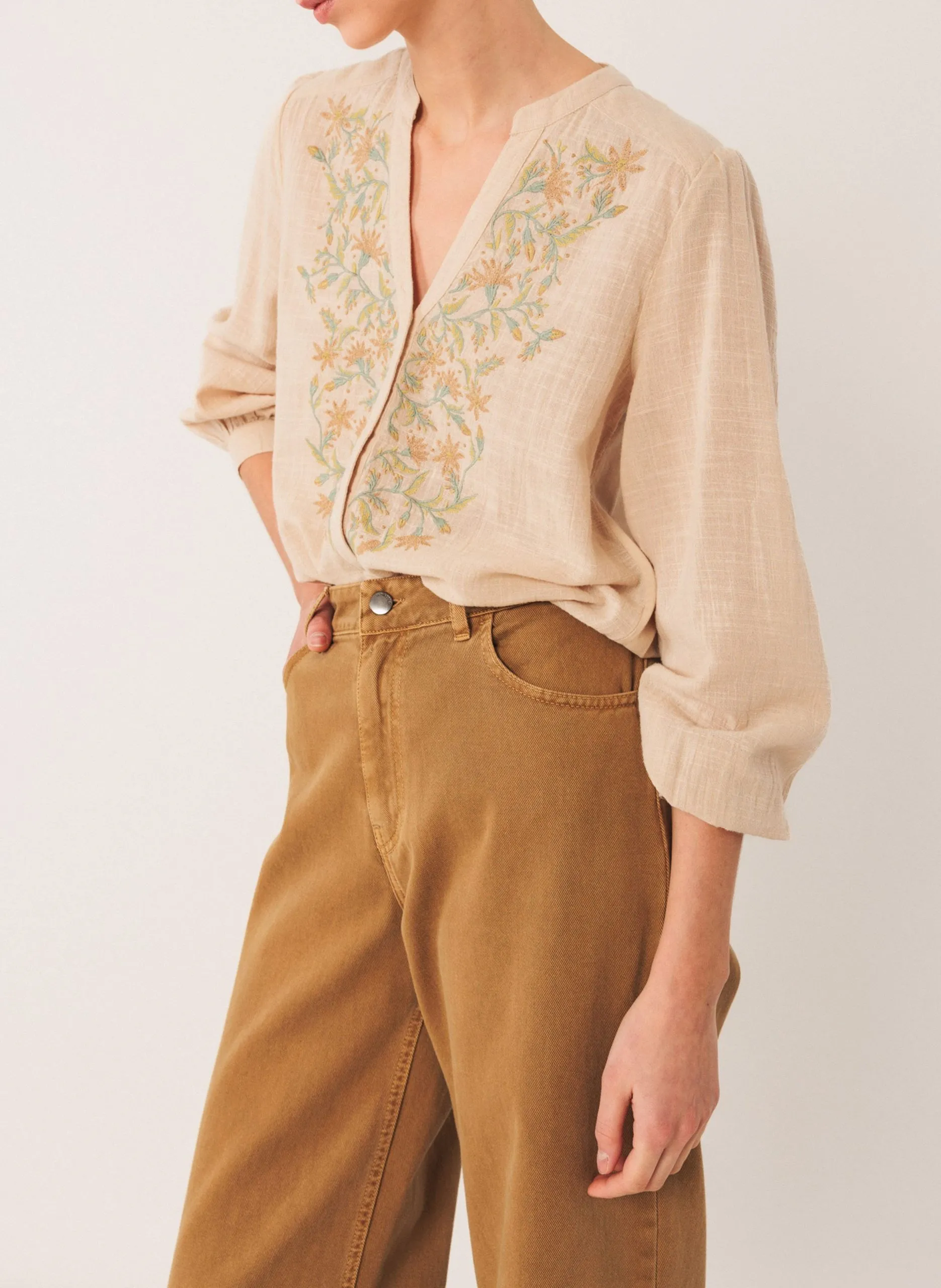 Baumwollbluse mit V-Ausschnitt Silber