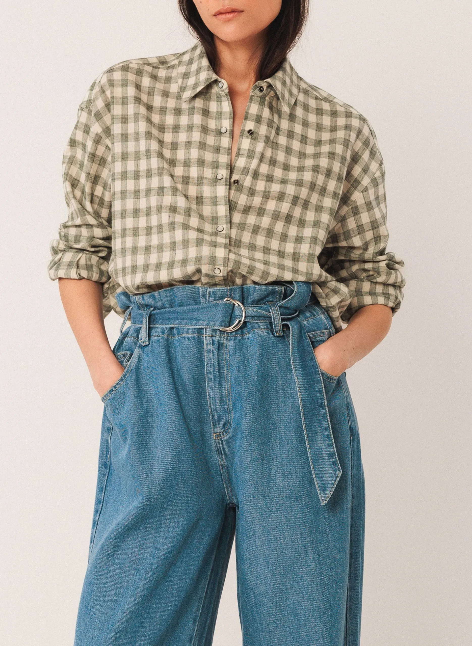 Gerade kariertes Hemd mit Knopfleiste Khaki