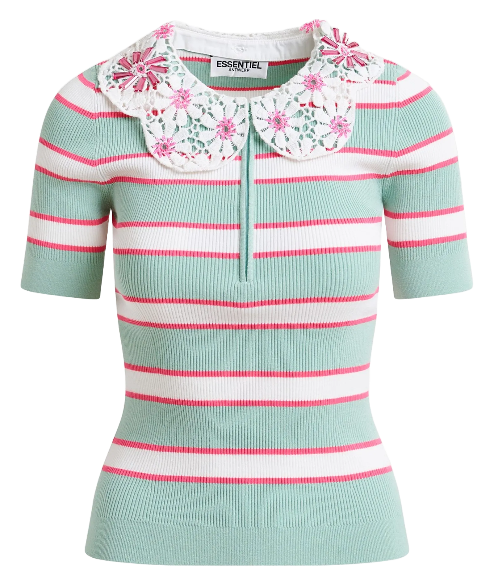 Eng anliegendes gestreiftes Top mit Spitzenkragen Grun IOTA