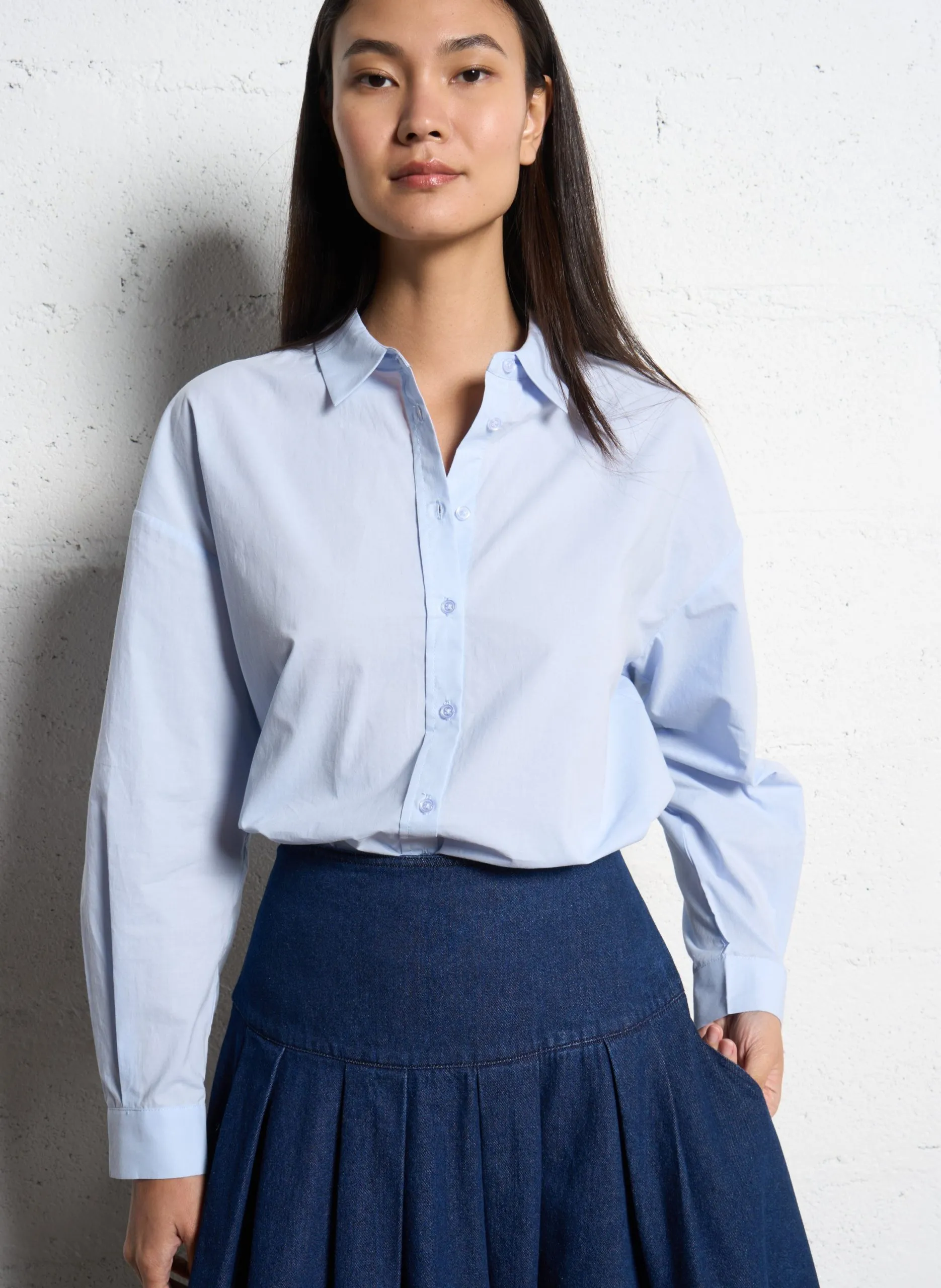 Weite einfarbige Baumwollbluse Blau JEUDI