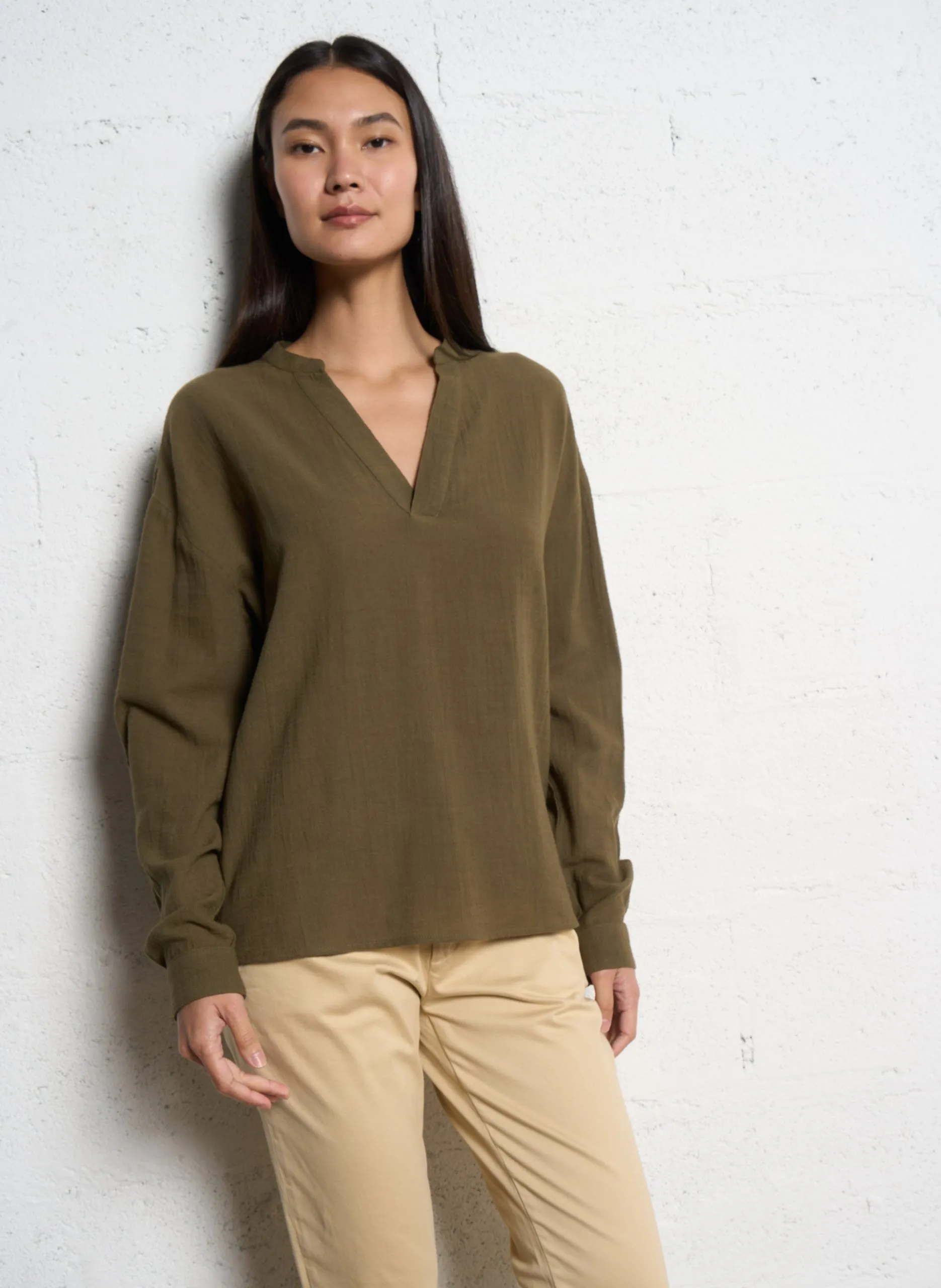 Tunika aus Baumwollgaze mit Stehkragen Khaki LOU