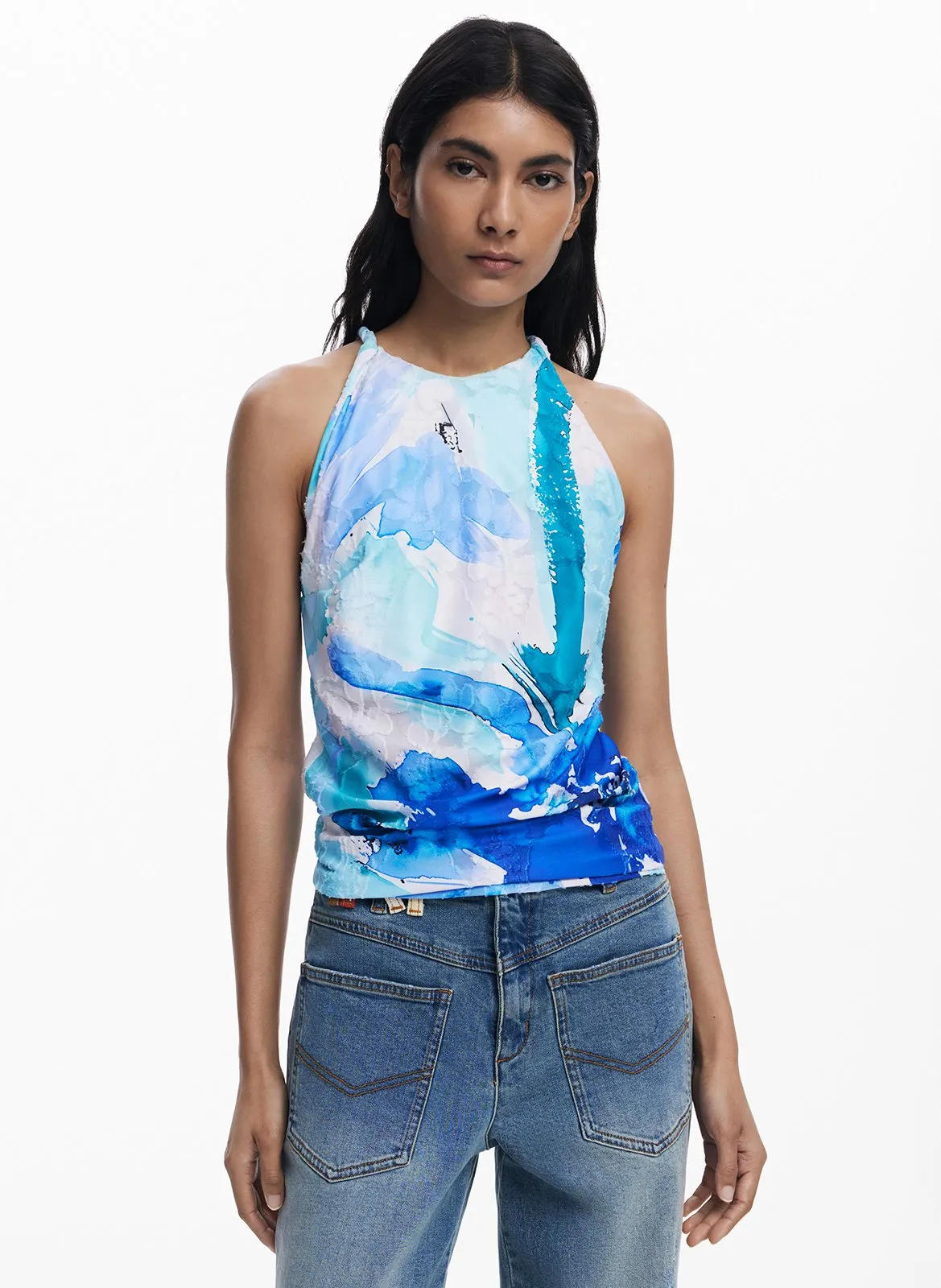 Rundhalsausschnitt-Top ohne Ärmel mit Print Blau