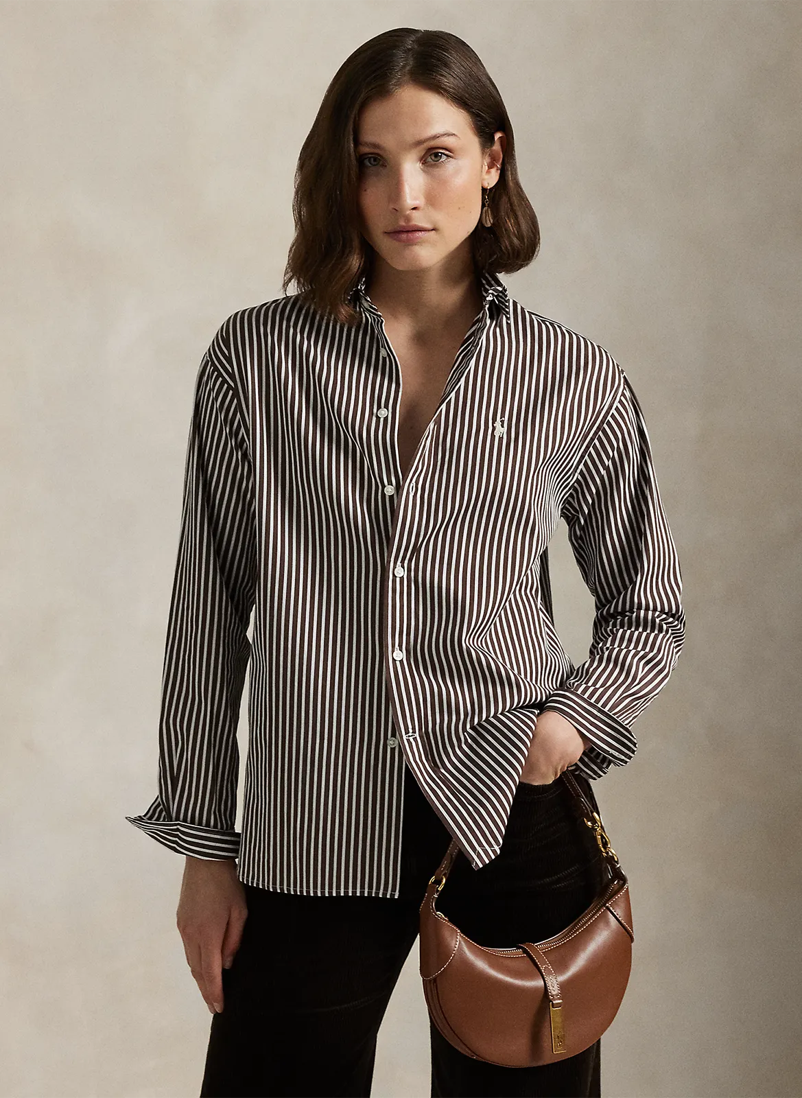 Gerade geschnittenes Polohemd aus gestreifter Baumwolle Braun