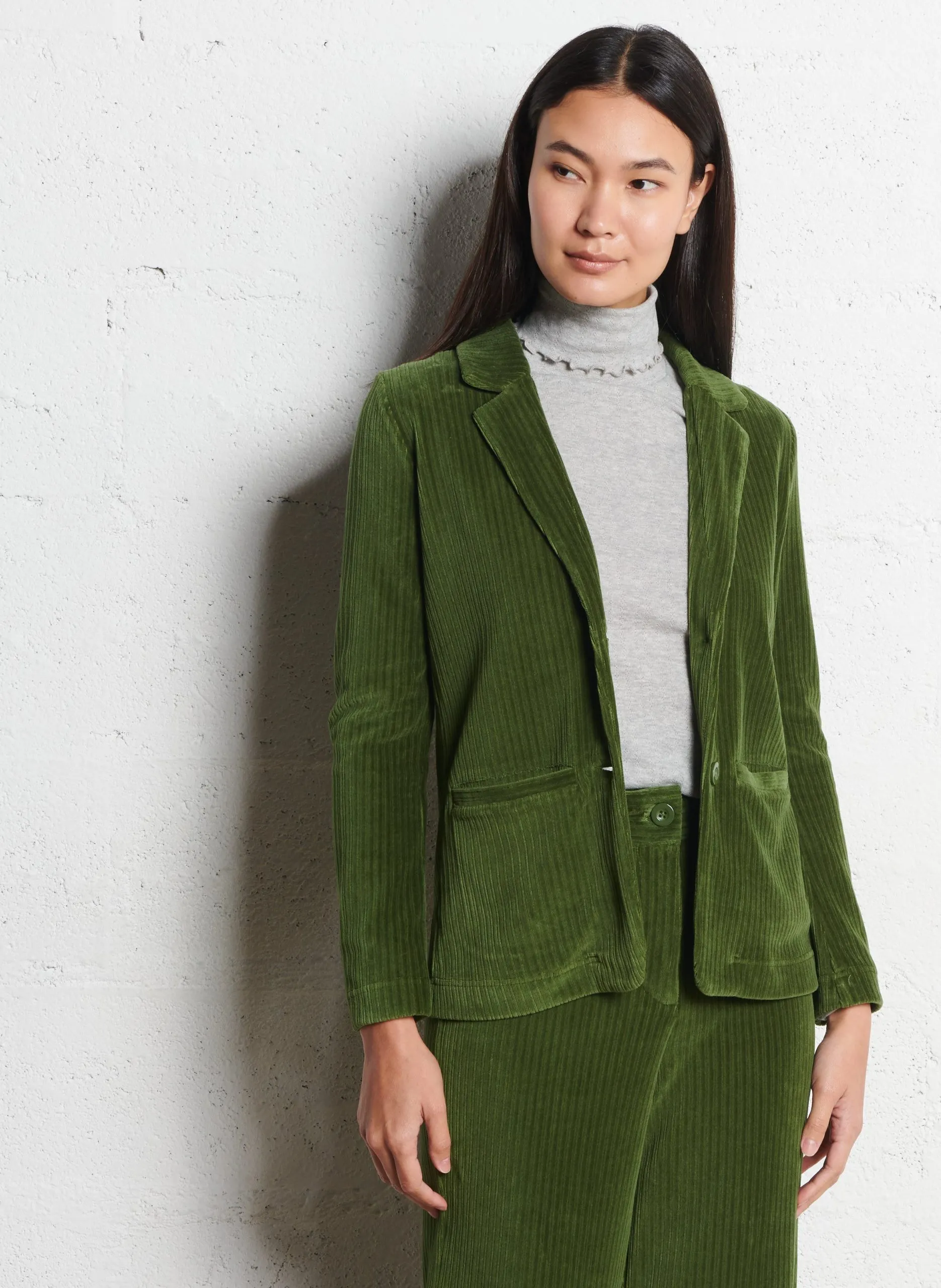 Gerade geschnittene Jacke mit Reverskragen aus Cordstoff Khaki