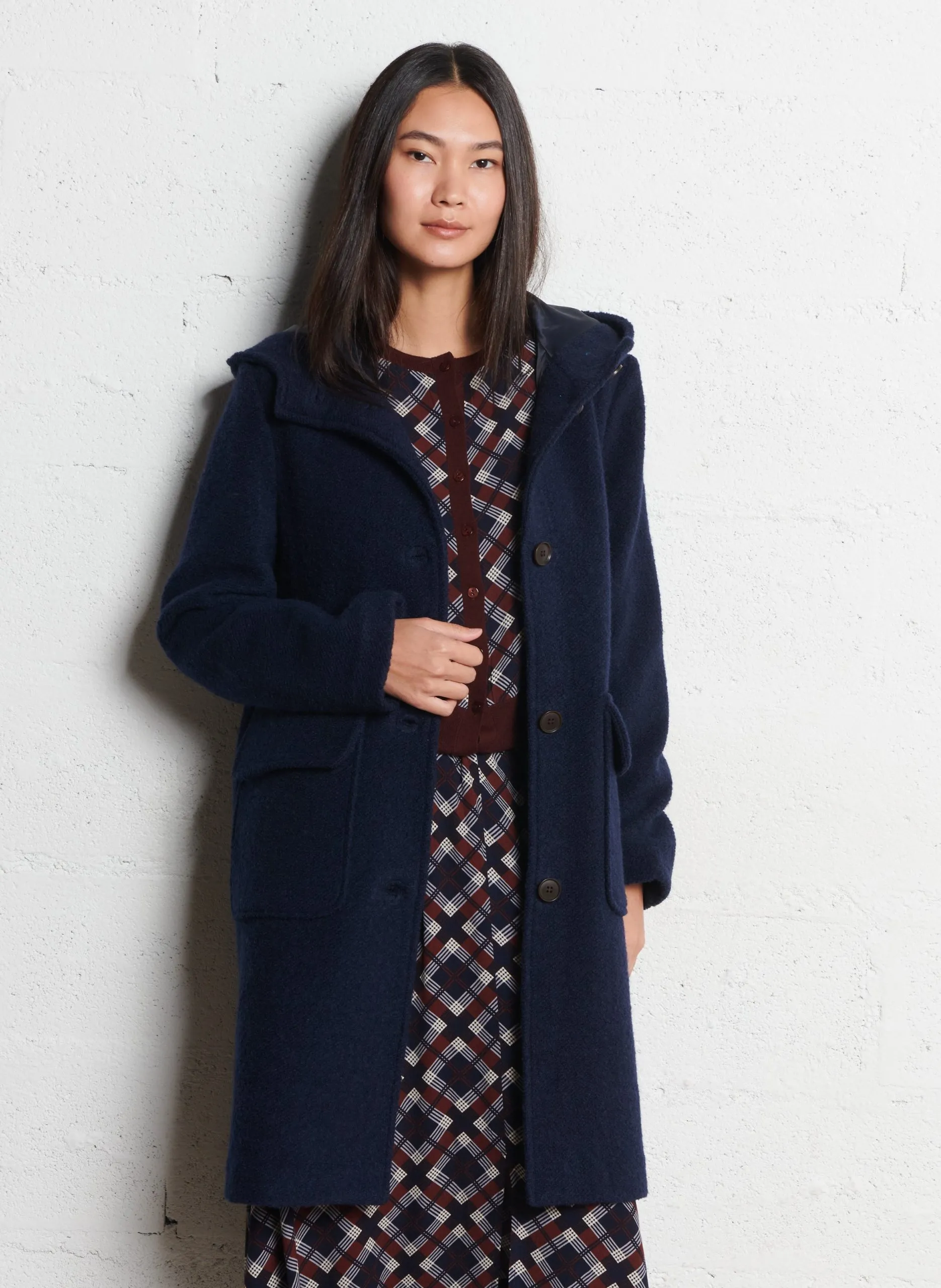 Gerade geschnittener Kapuzenmantel Blau