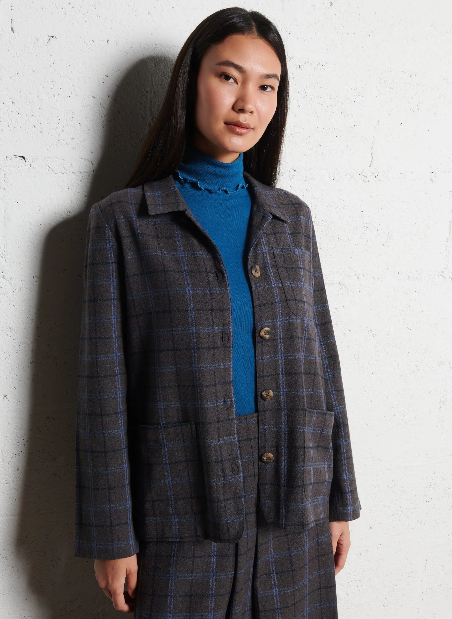 Karo-Hemdjacke mit Taschen Grau