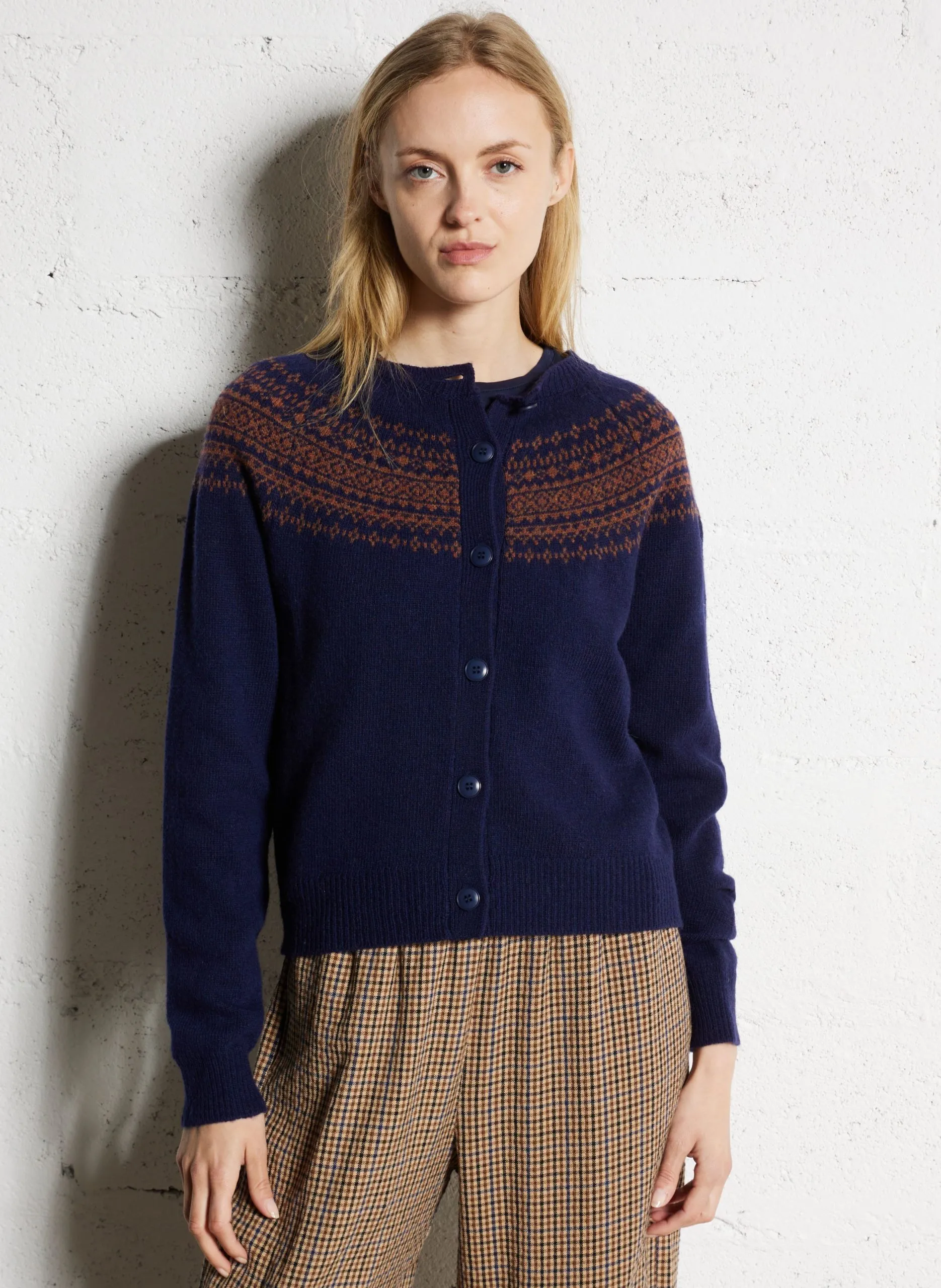 Gerade geschnittene Jacke mit Bootsausschnitt aus Jacquard-Mischwolle Blau