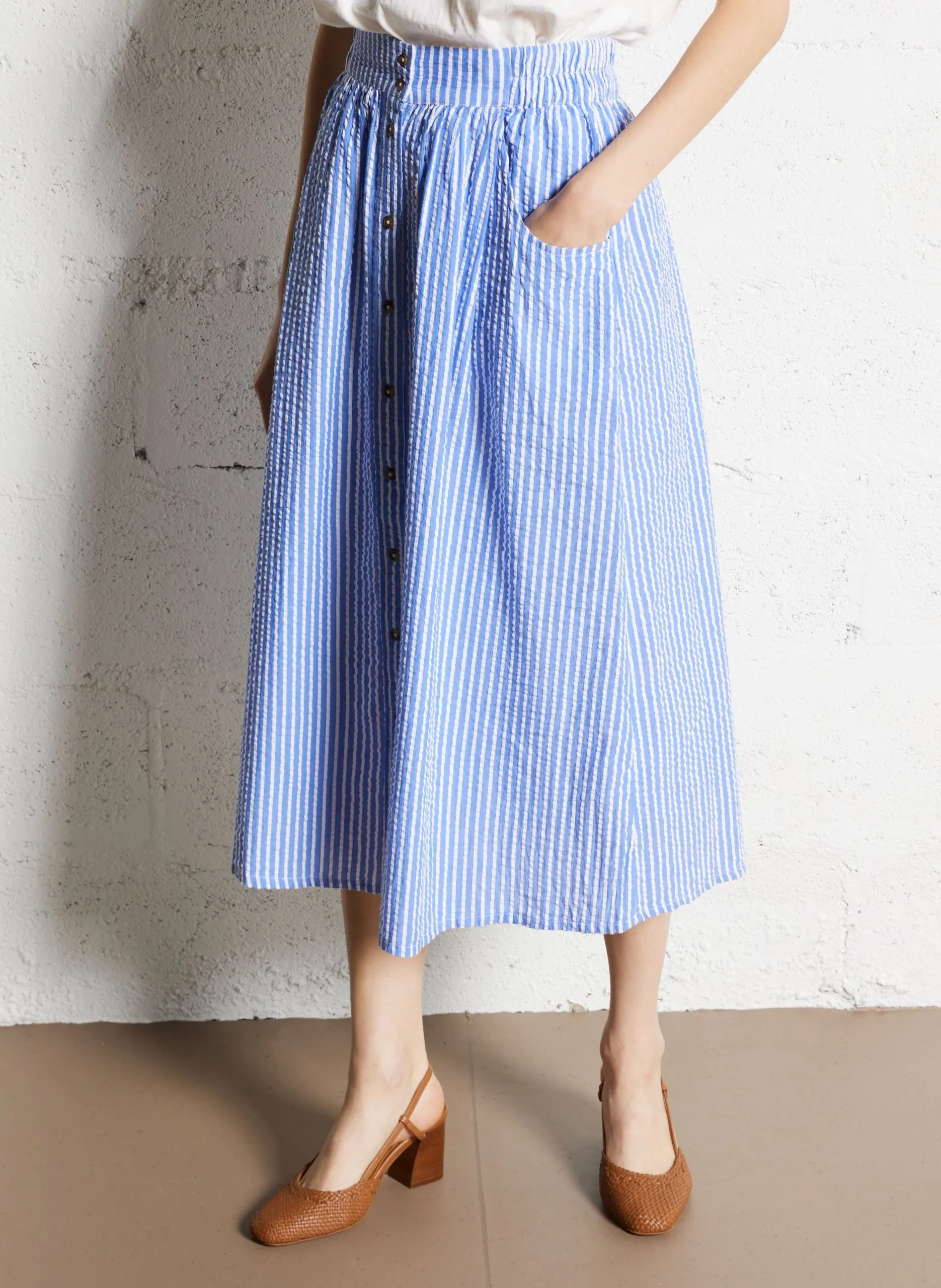 Ausgestellter Midi-Baumwollrock Blau BETTY