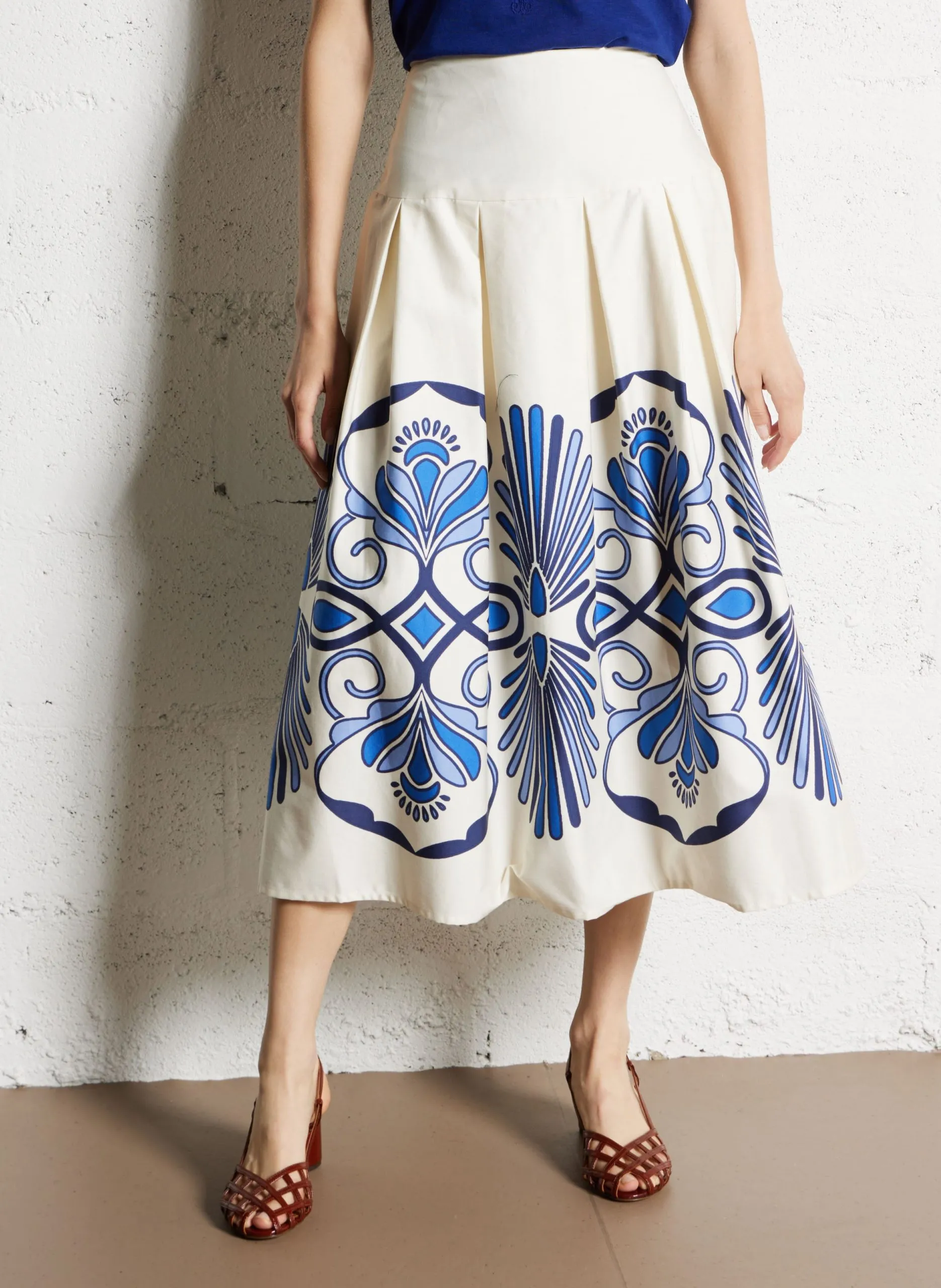 Bedruckter Midirock aus Baumwolle Beige POSITANO