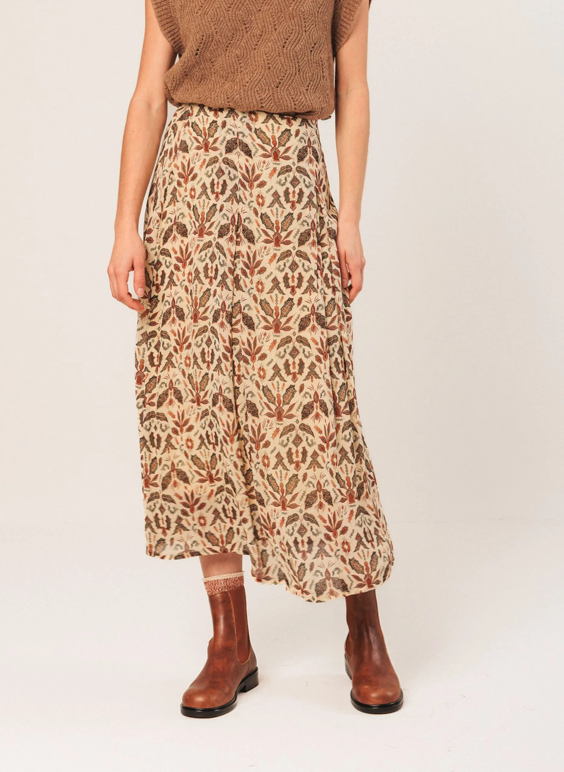 Langer, ausgestellter Rock mit Print Beige