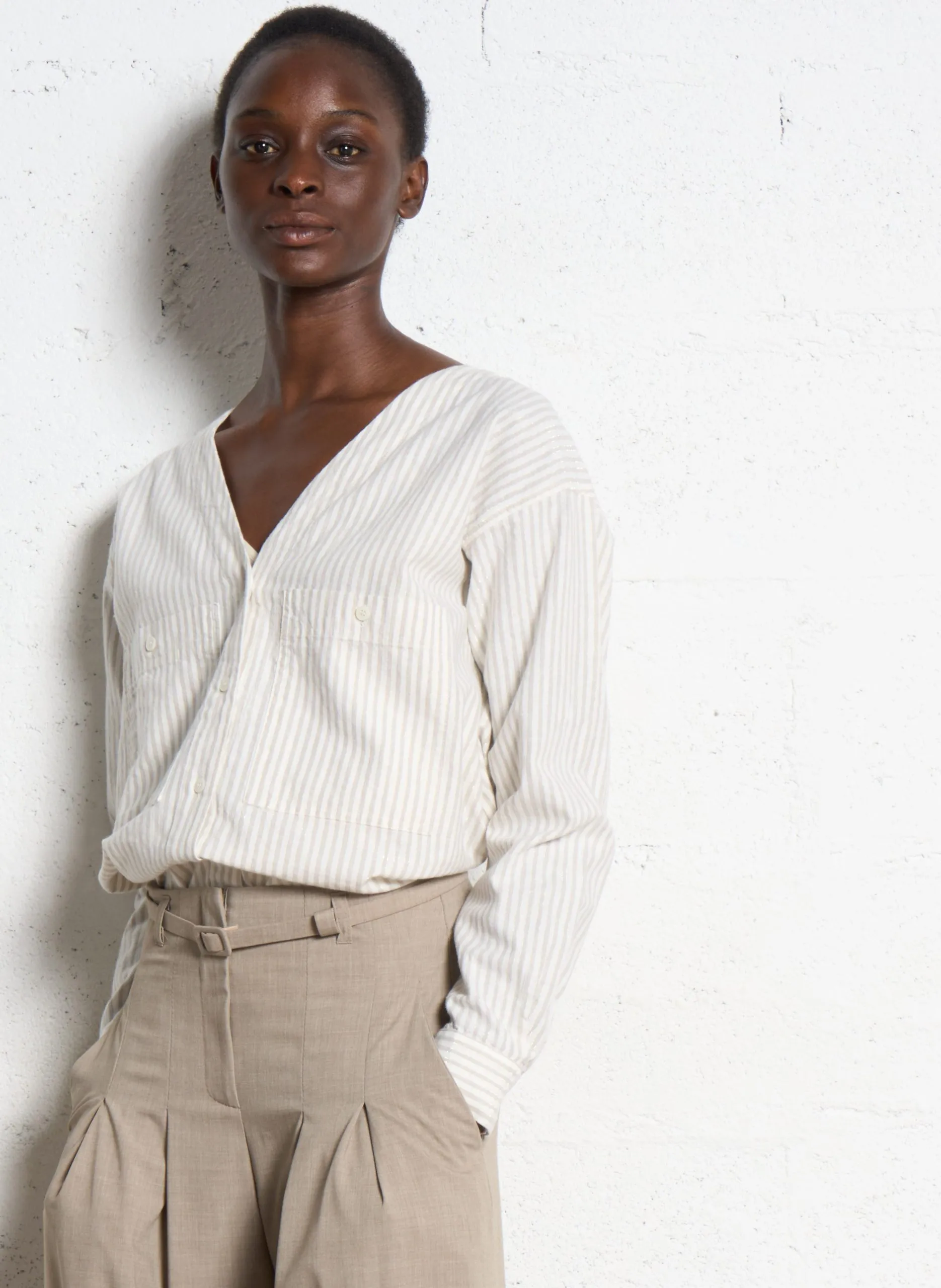 Gerade Leinenmischung gestreiftes Hemd Rosa CARMEN