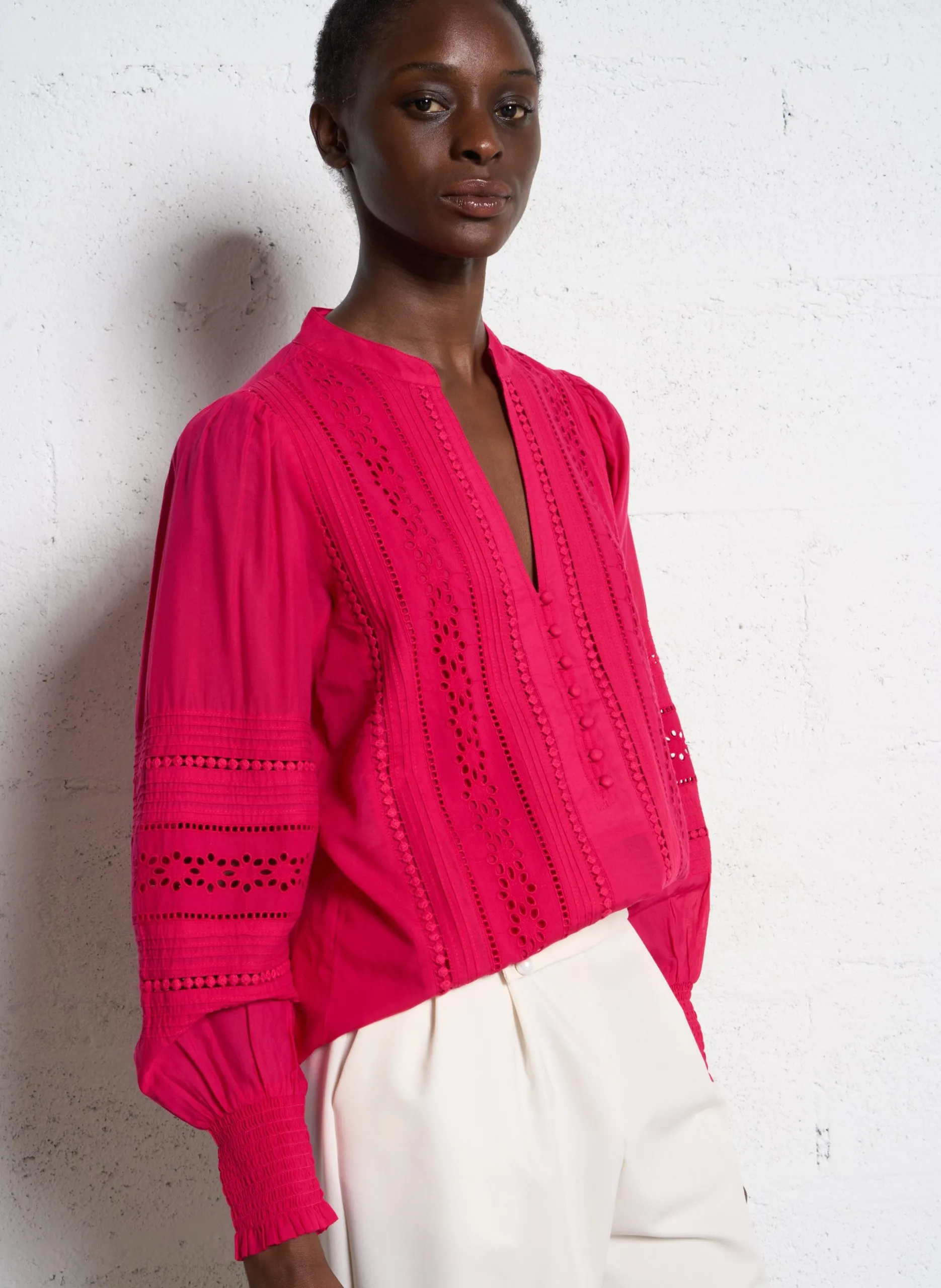 Bluse aus Baumwoll-Mix mit V-Ausschnitt Rosa BRENDA