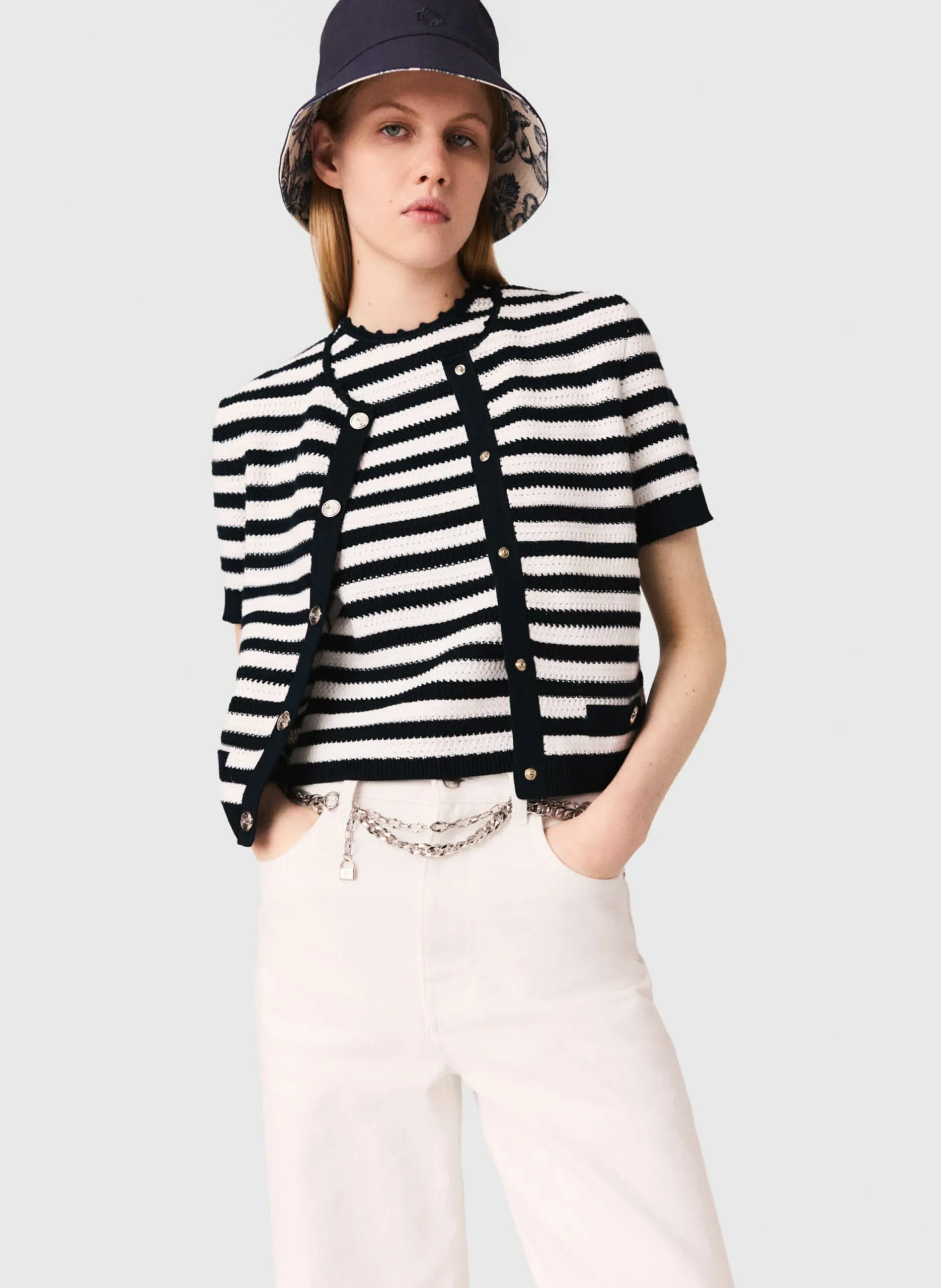 Gestreifter Knopf-Cardigan Weiss