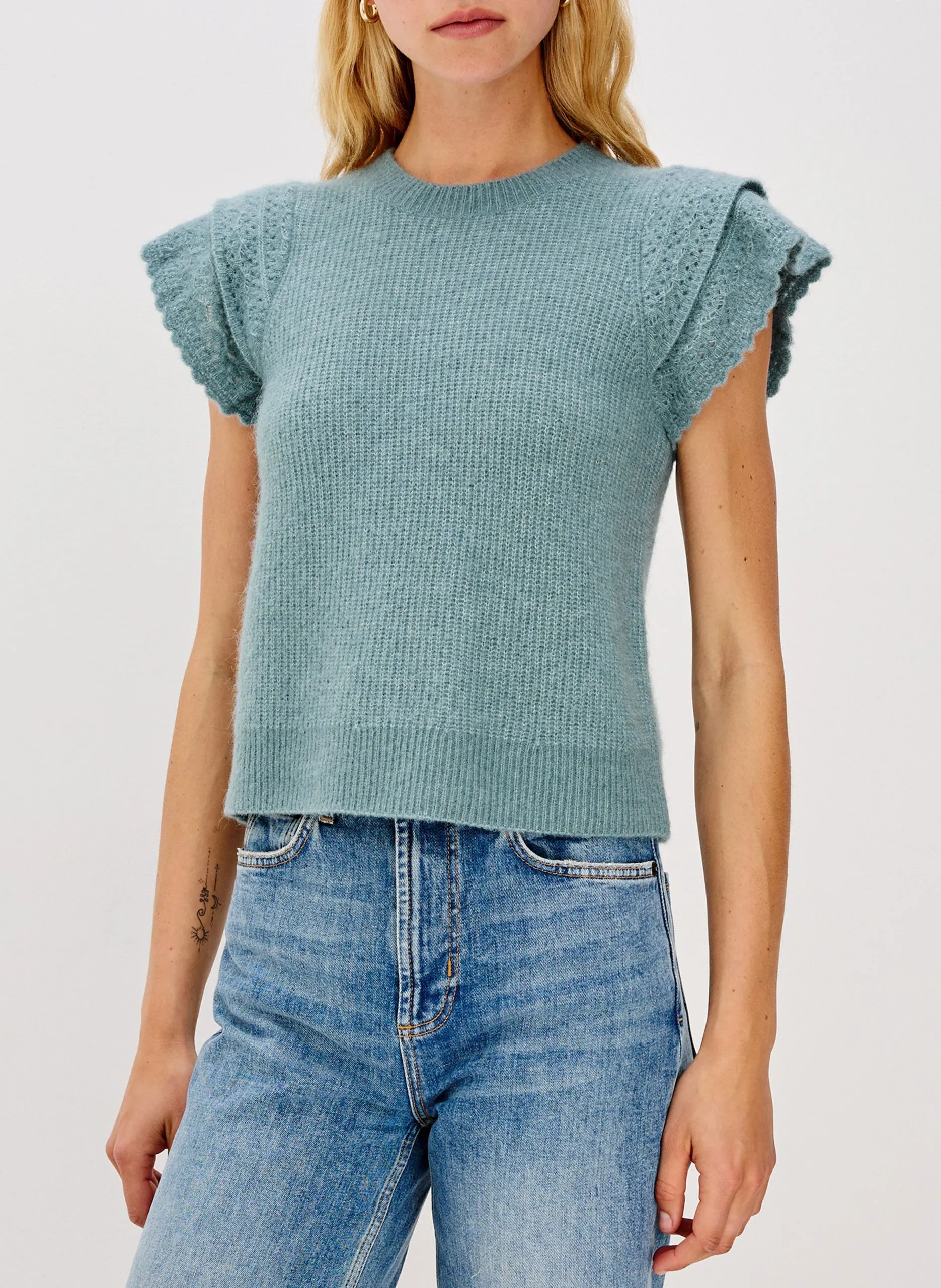 Ärmellose Bluse mit Volants Grun STASIA