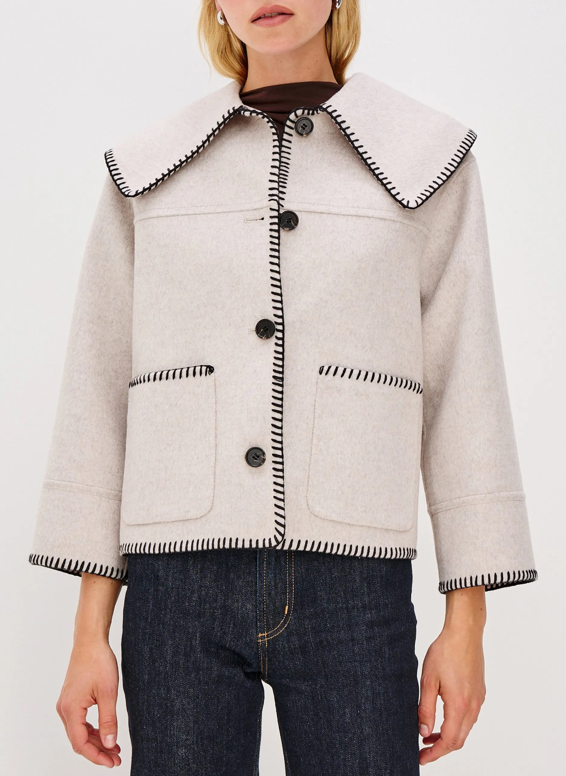 Einfarbige gerade Jacke mit Stickereien aus Wollmischung Beige PATTY