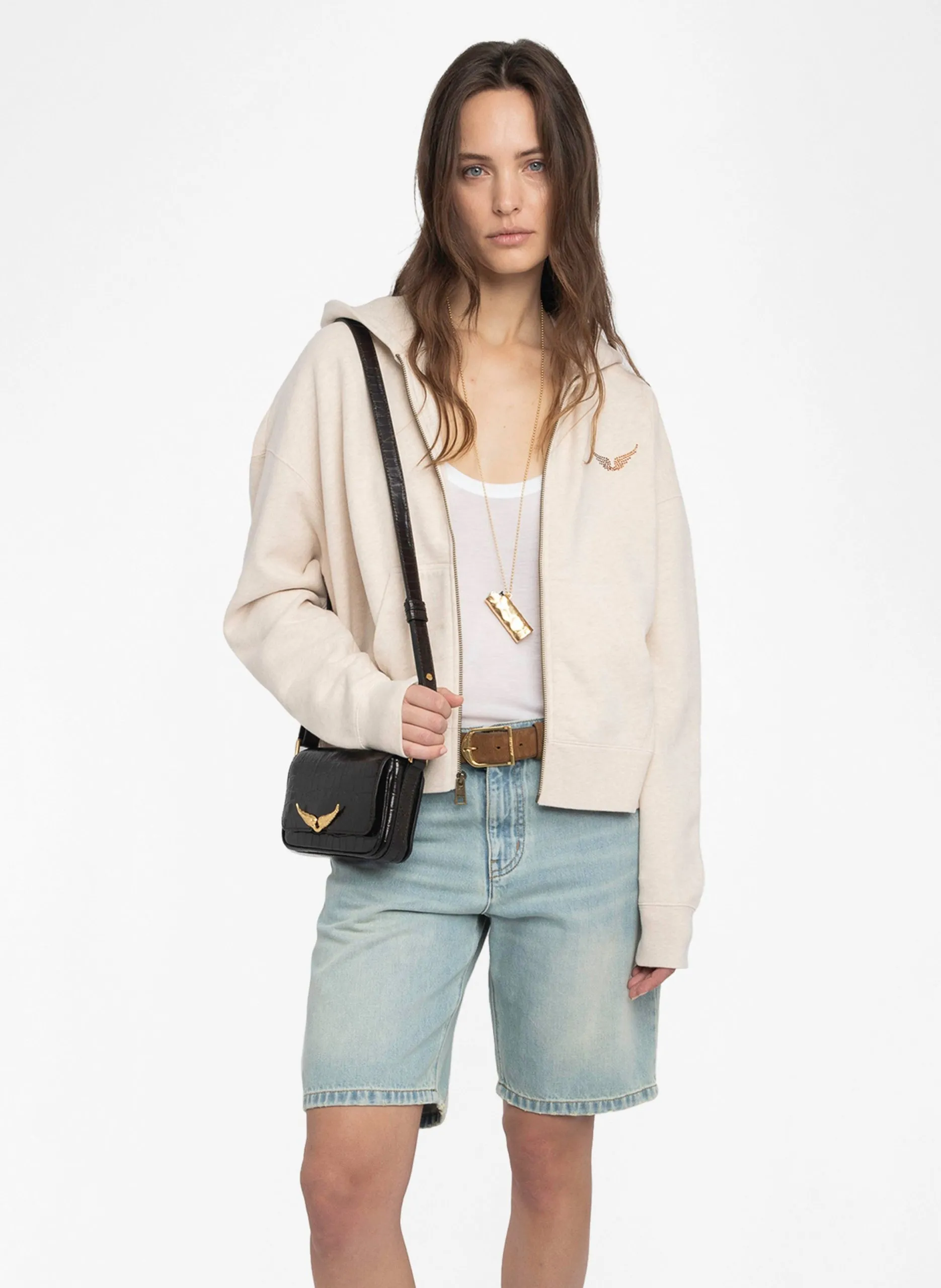 Kapuzen-Sweatshirt mit Reißverschluss und Strass Braun MIA