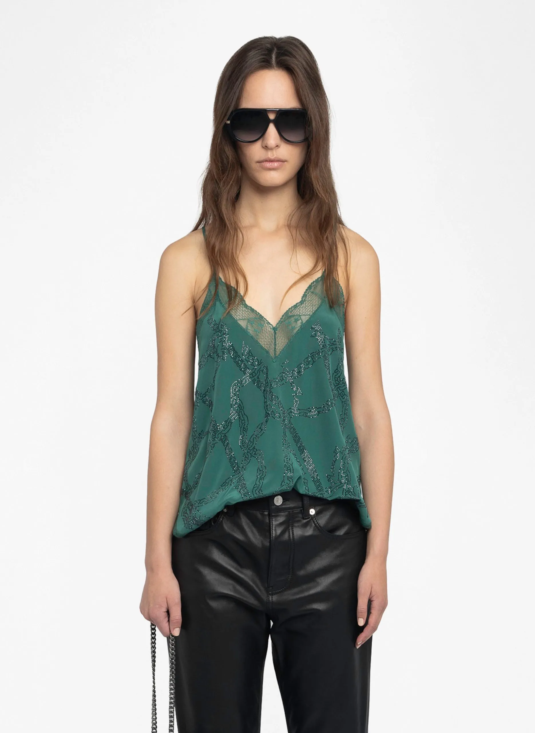 Trägertop aus Seide mit V-Ausschnitt Grun CHRISTY
