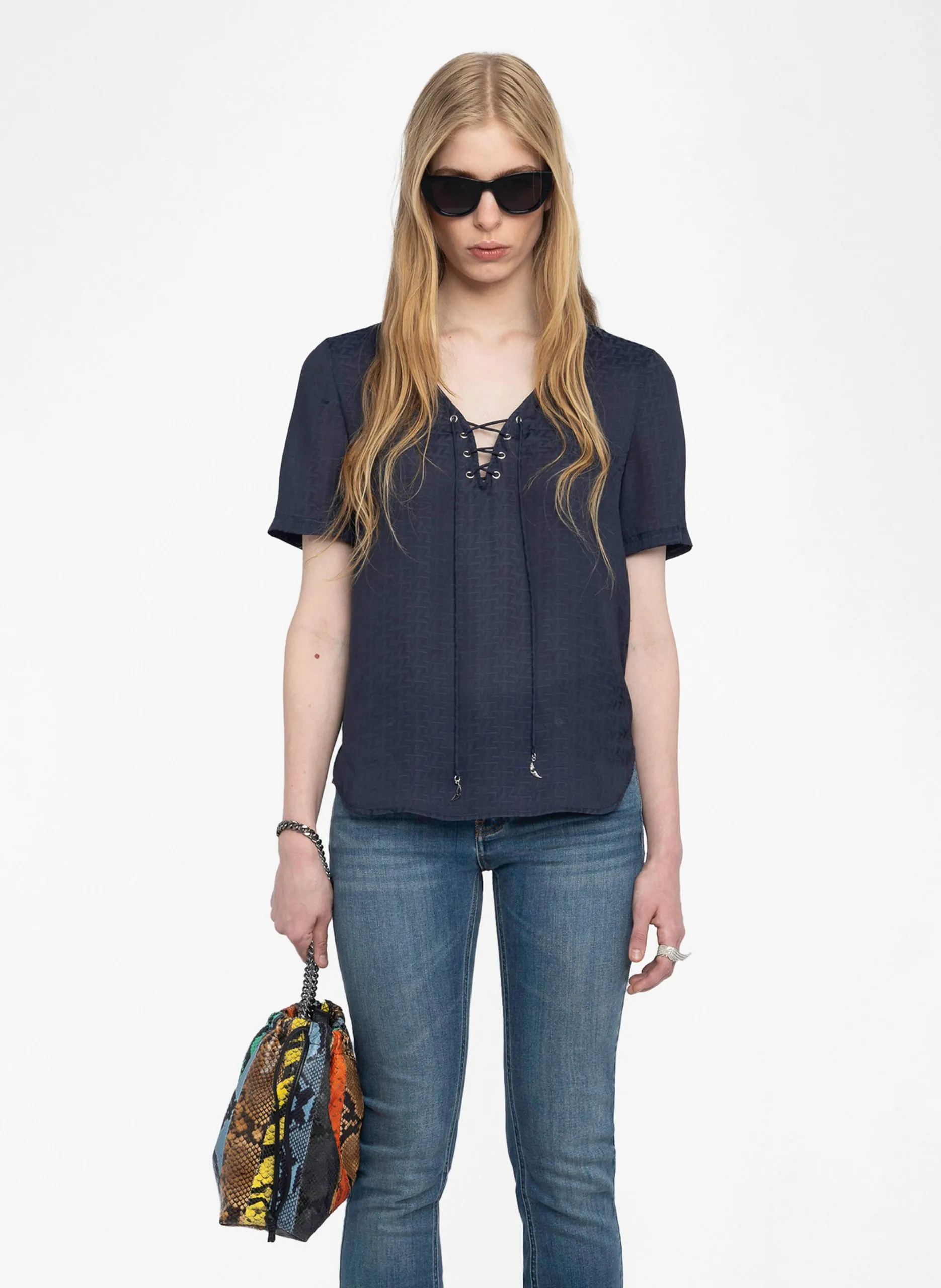 Top mit Schnürung am Ausschnitt aus Satin Blau TERZO