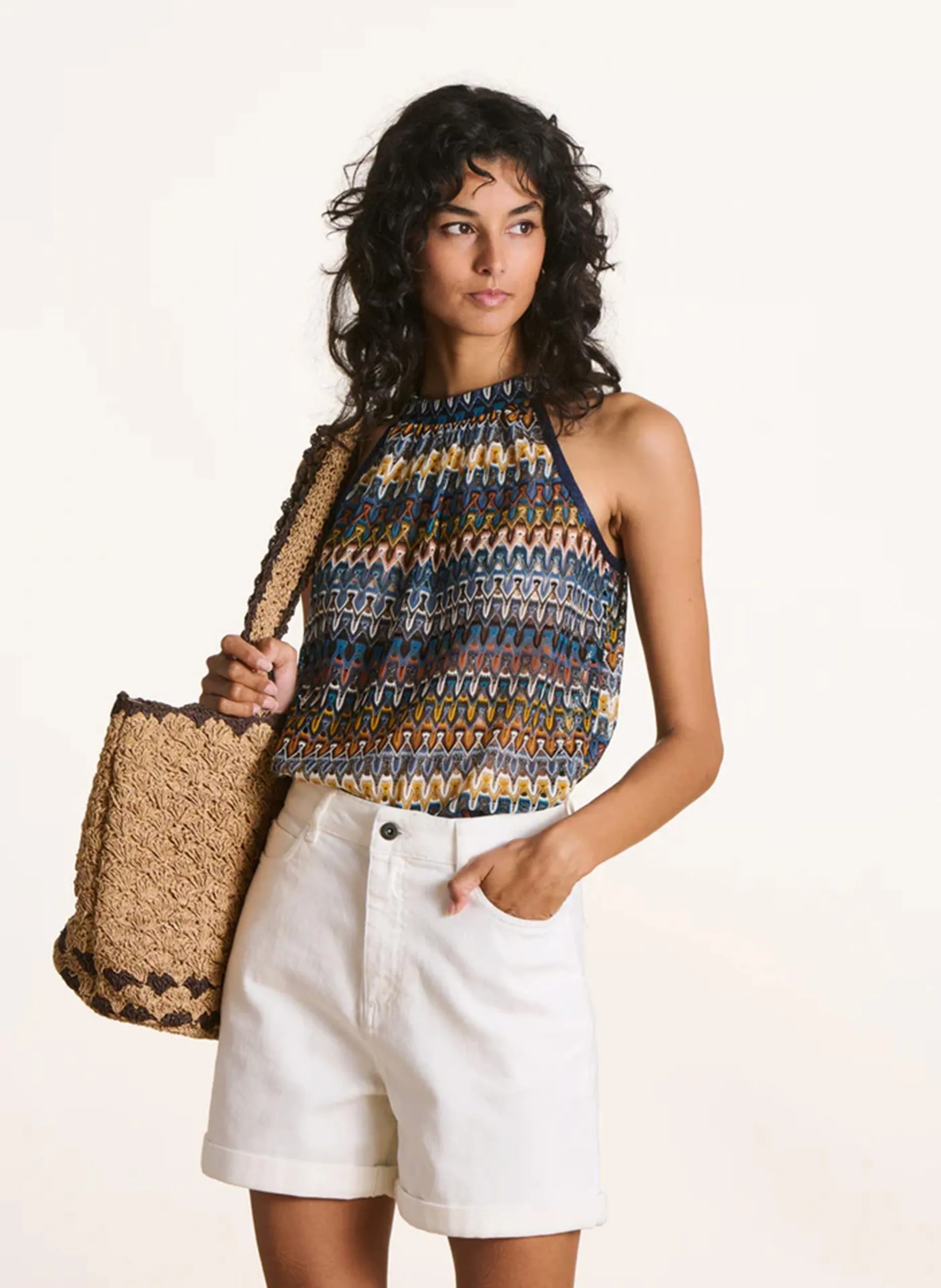 Ärmelloses Top aus mehrfarbigem Häkelstrick Blau