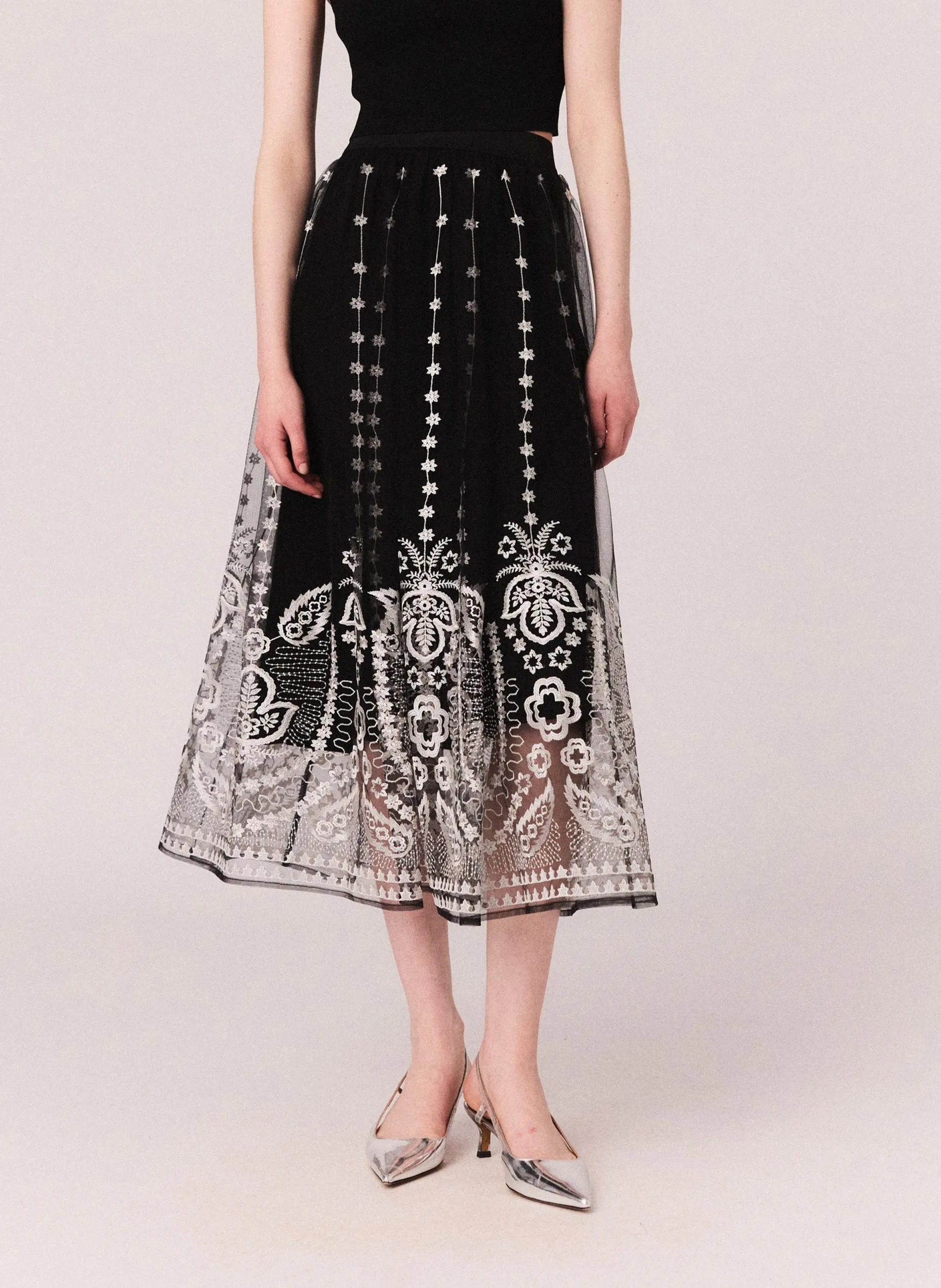 Midi-Rock aus besticktem Tüll Schwarz