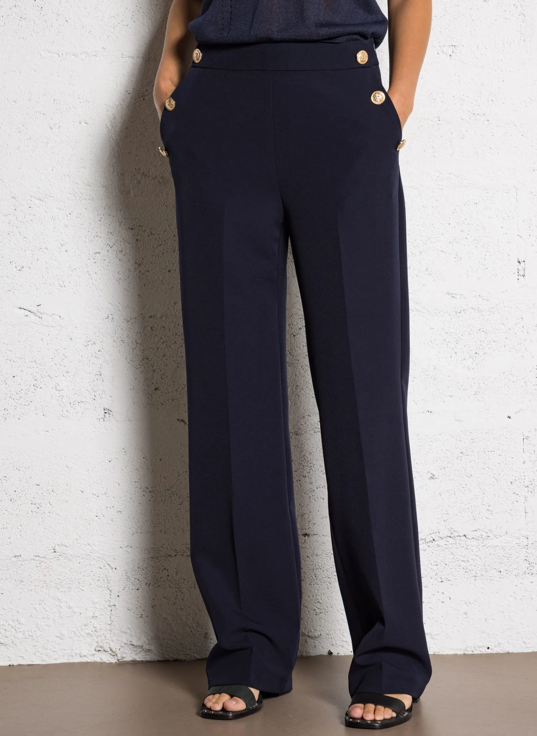 Hochtaillierte Hose in Unifarbe mit Schmuckknöpfen Blau PALERNA