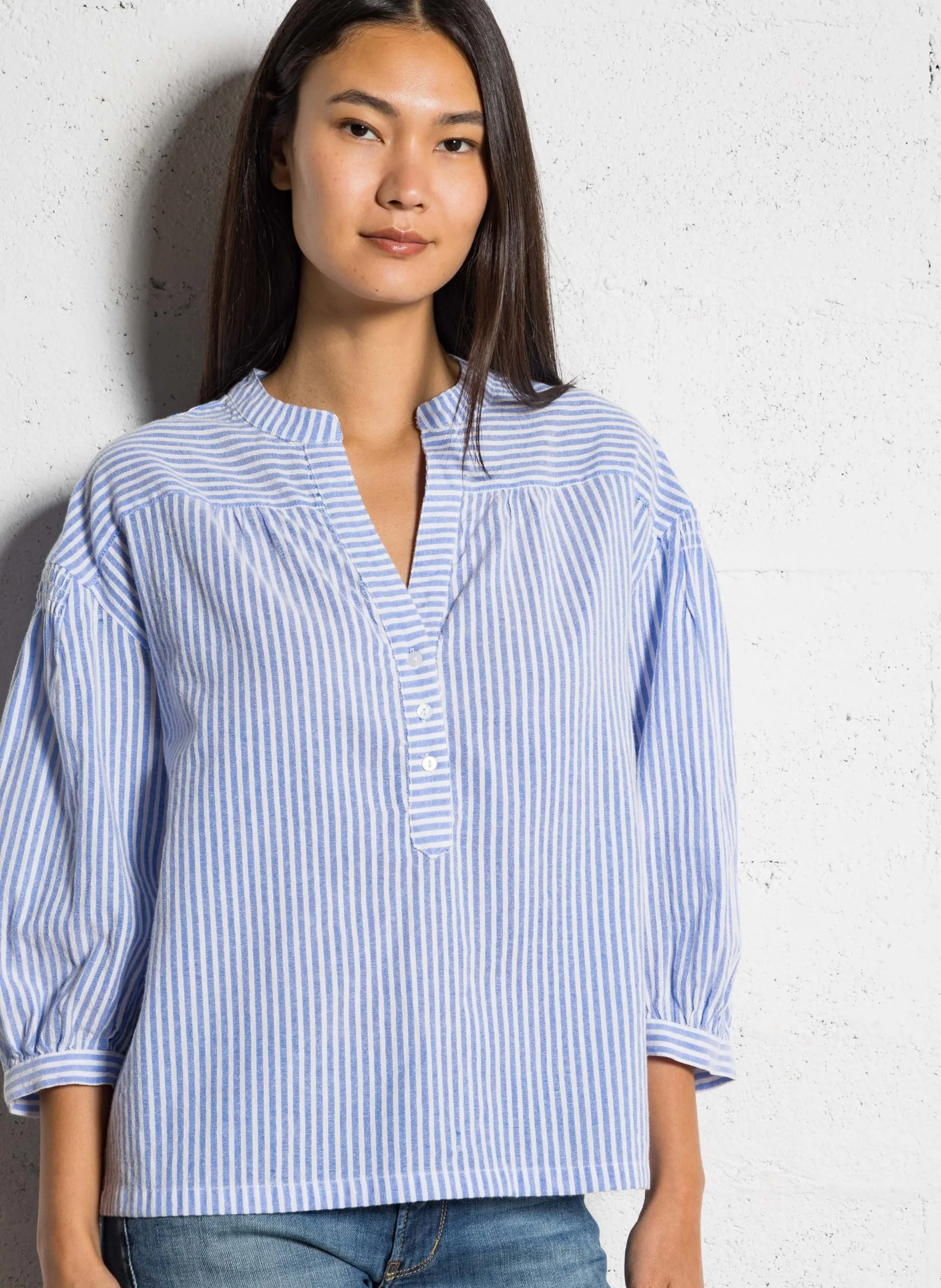 Bluse aus Baumwoll-Mix mit V-Ausschnitt Blau PRAGUE