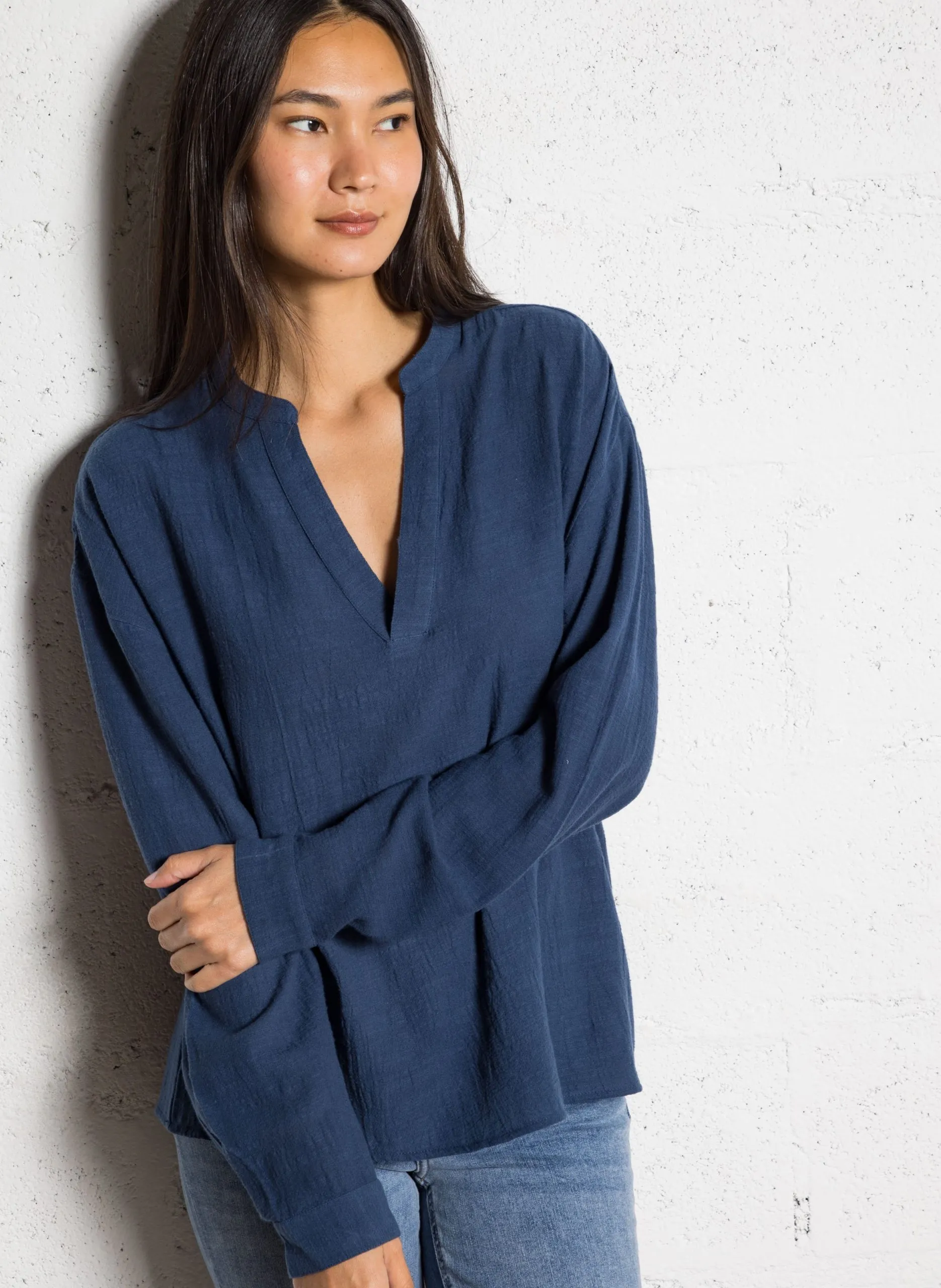 Tunika aus Baumwollgaze mit Stehkragen Blau LOU