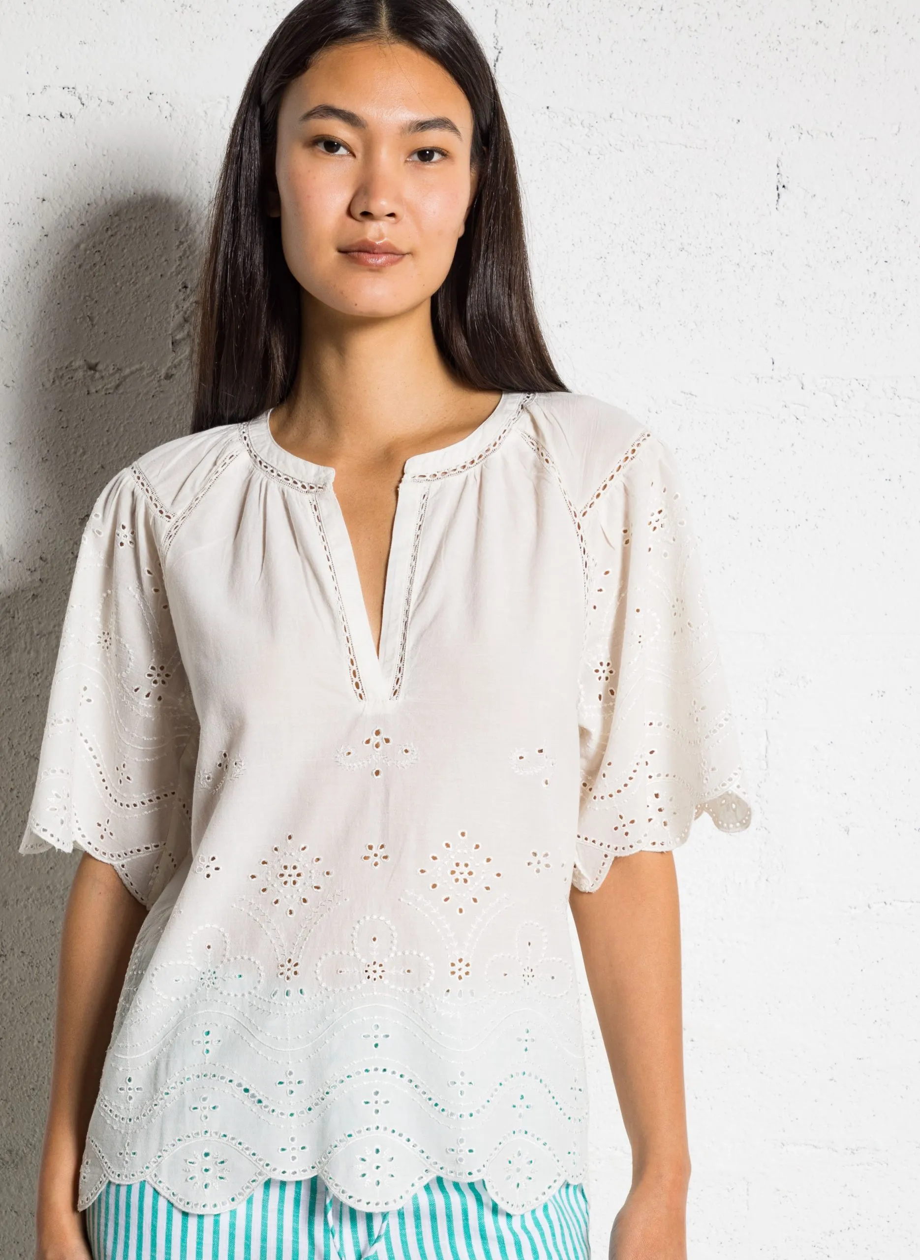 Baumwollbluse mit V-Ausschnitt Weiss PYMA