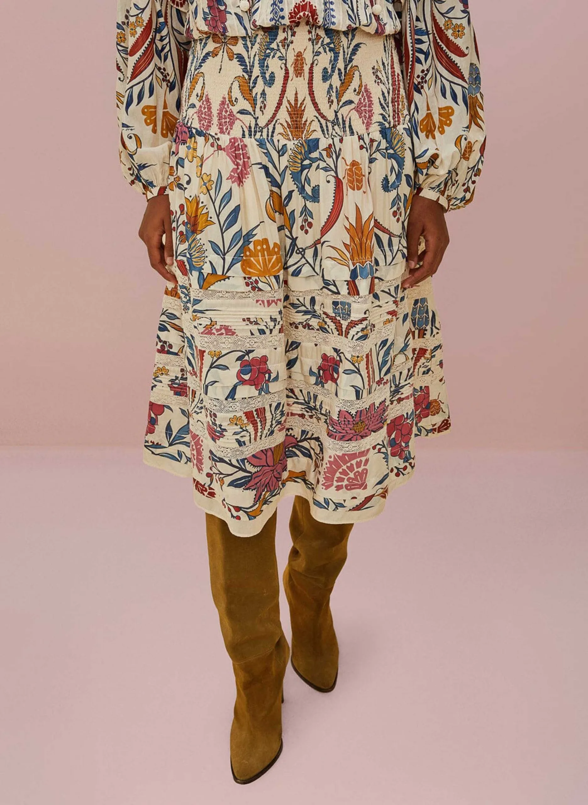 Bedruckter Midirock aus Baumwoll-Mix Beige