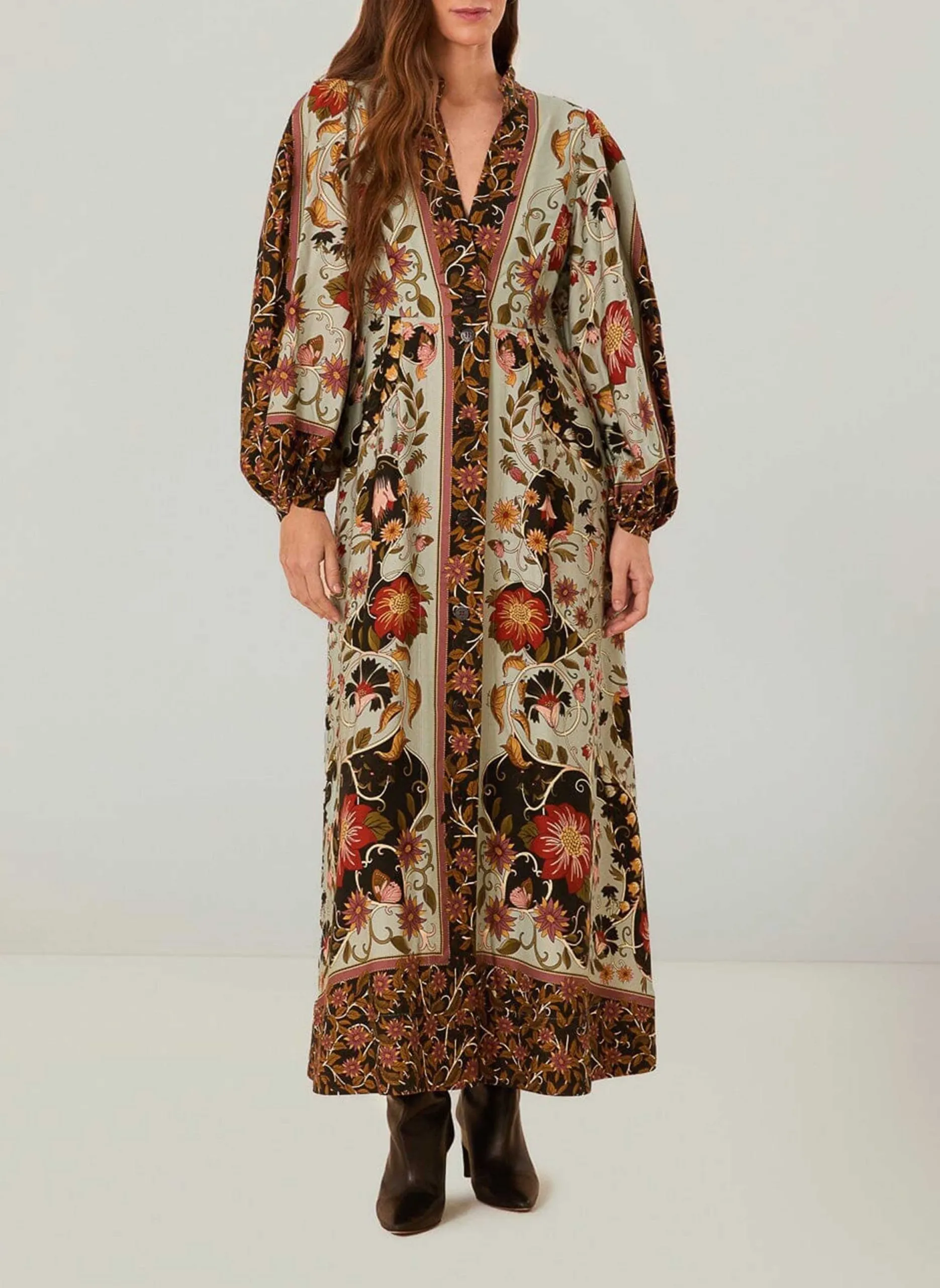 Langes Kleid mit Tunika-Ausschnitt und Print Blau