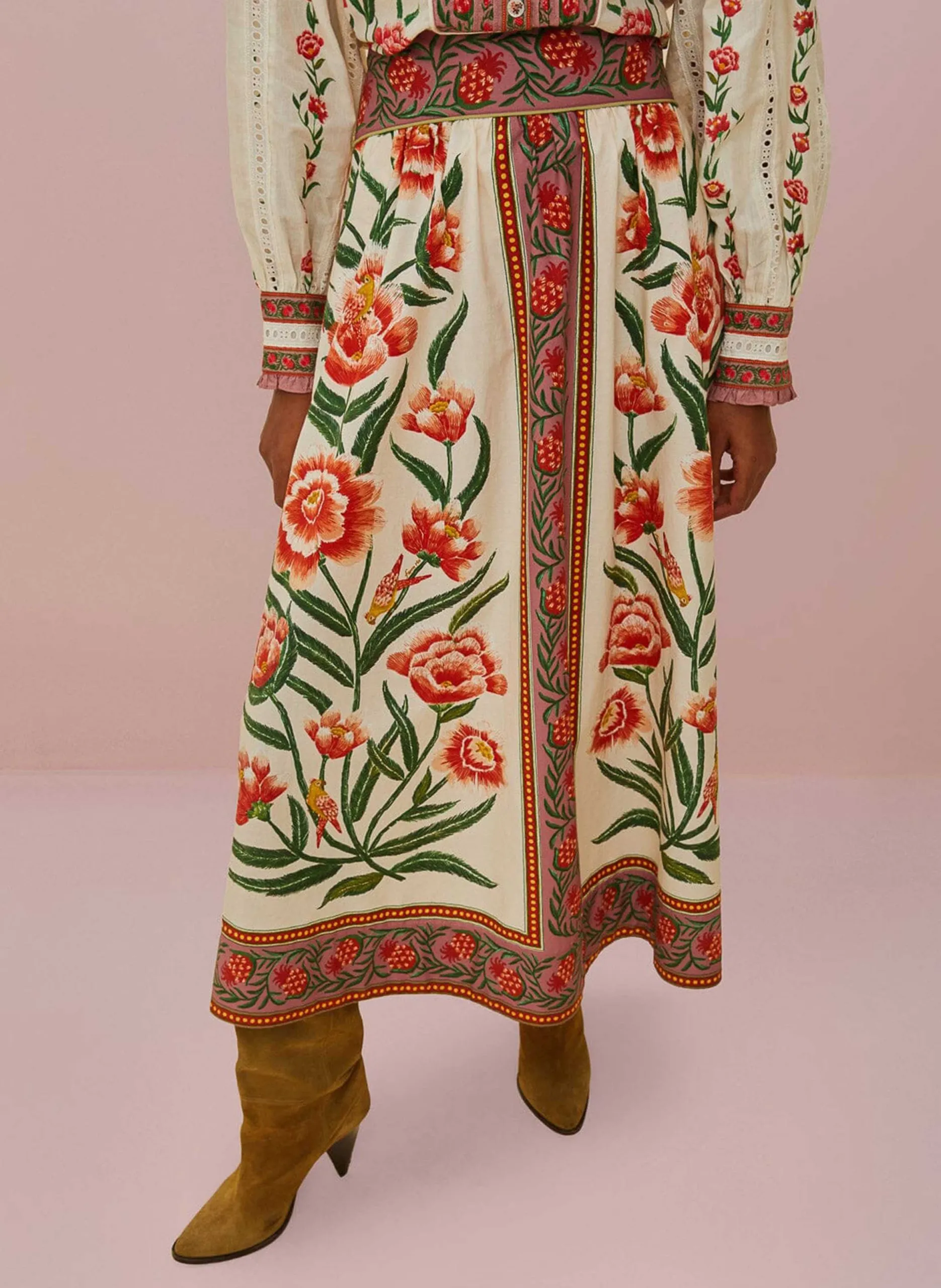 Bedruckter Midirock aus Baumwolle Beige