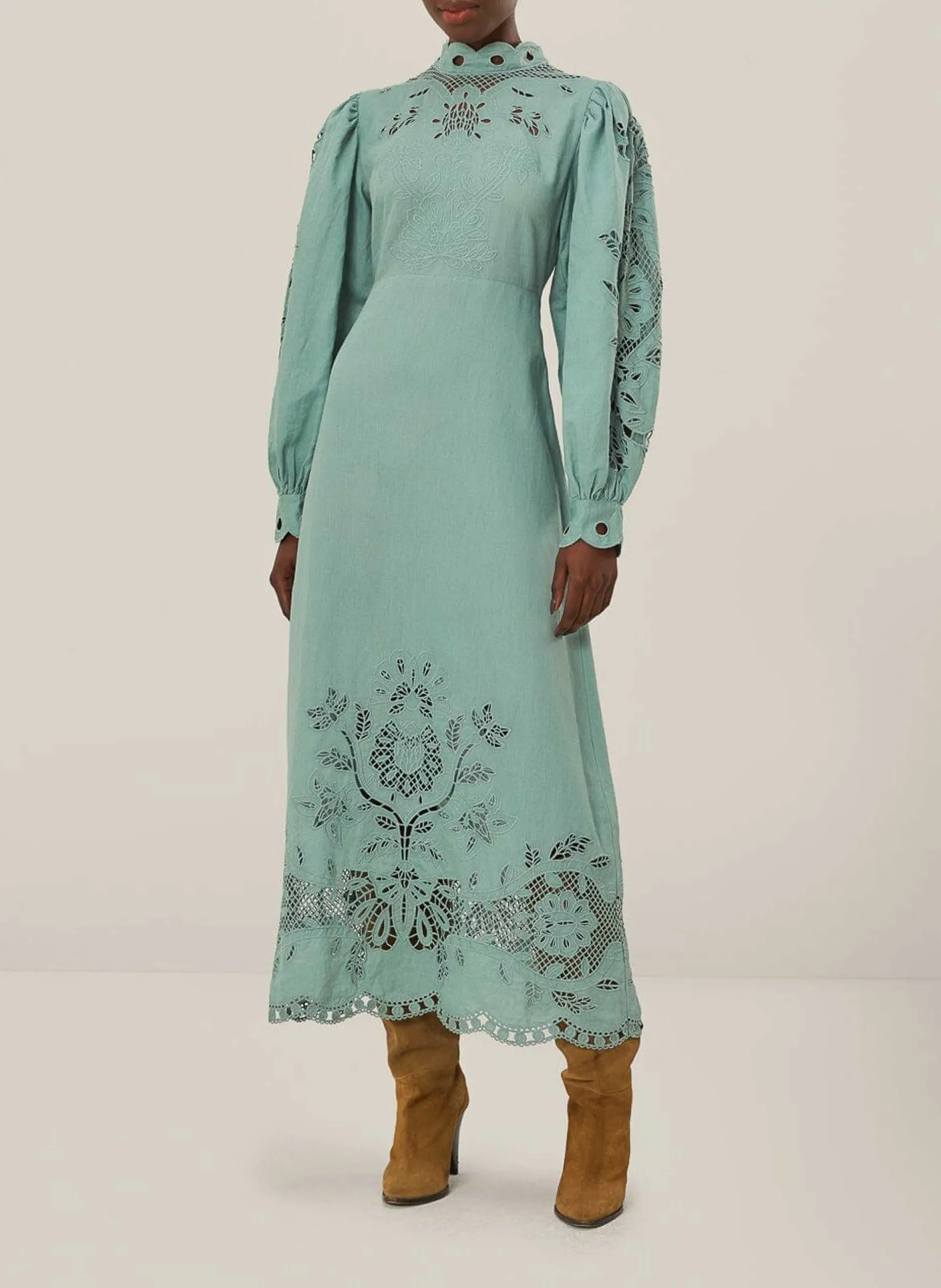 Midi-Kleid mit Stehkragen aus Broderie Anglaise Mehrfarbig