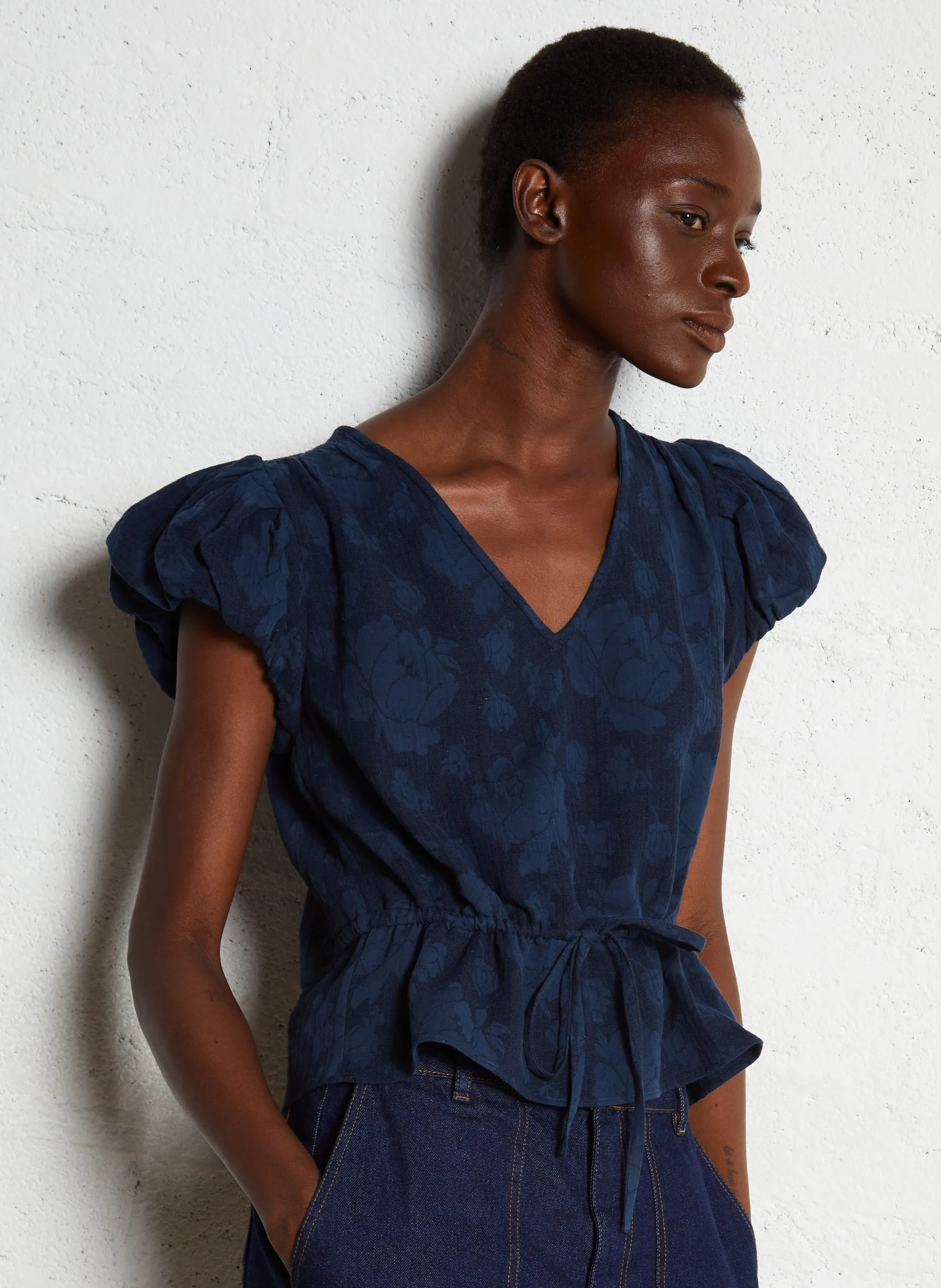 Bluse mit V-Ausschnitt aus Baumwolle und Leinen mit Jacquardmuster Blau KAPRI